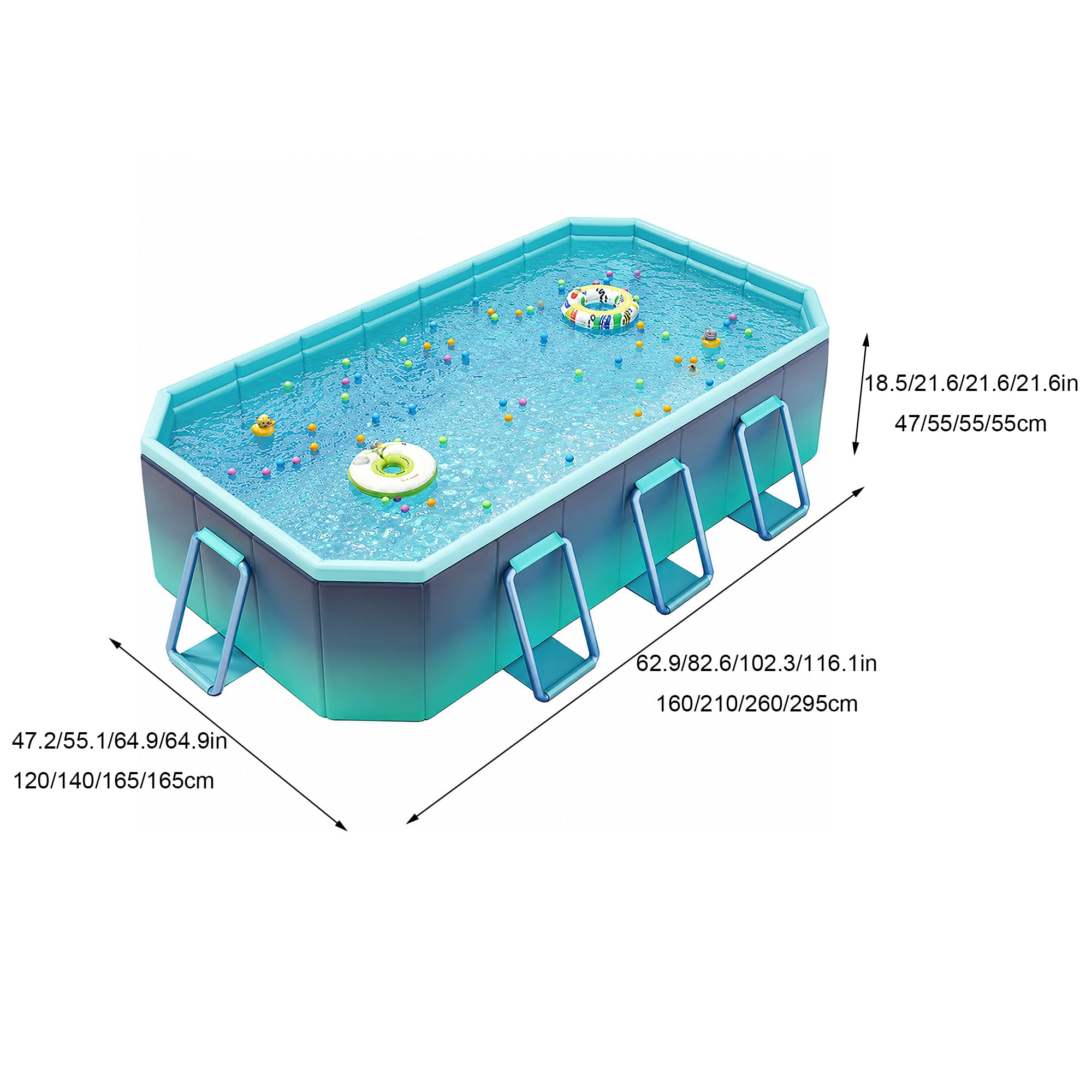 Grande Piscina Rettangolare Pieghevole Fuori Terra Non Gonfiabile | Supporti Laterali Rinforzati per Bambini e Adulti, Ripiegabile e Compatta(62.9in/160cm)