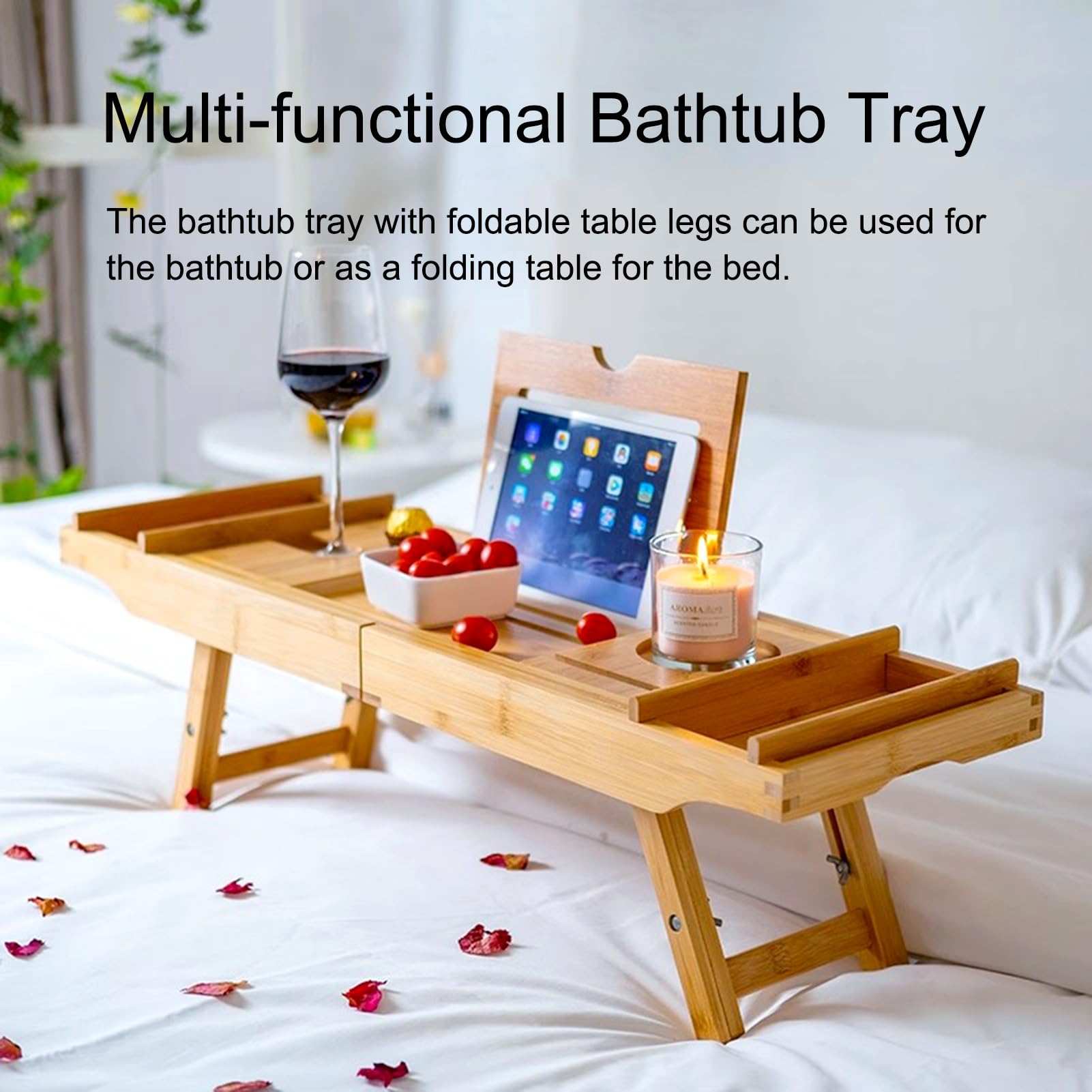 Bandeja de bañoBandeja de baño de 29 a 41 Pulgadas, Soporte expandible para Bandeja de bañera de bambú, Estante Antideslizante para bañera con Pata de Mesa Plegable, Mesa Plegable multifunci