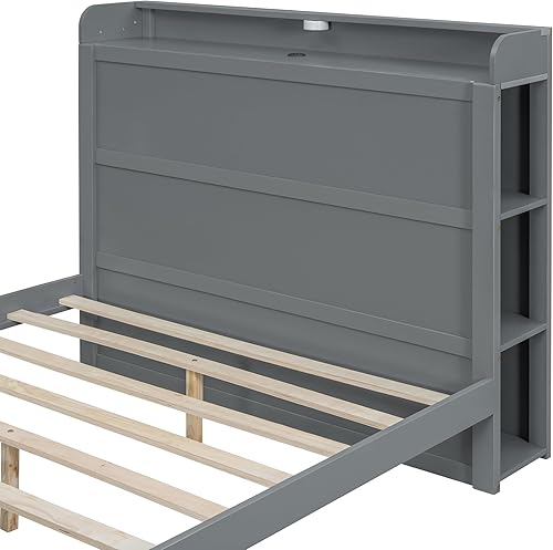 Miniatura 9 de Base de cama matrimonial con cabecero y estribo, marco de cama LED con estantes de almacenamiento y 2 puertos USB, cama de plataforma de tamaño