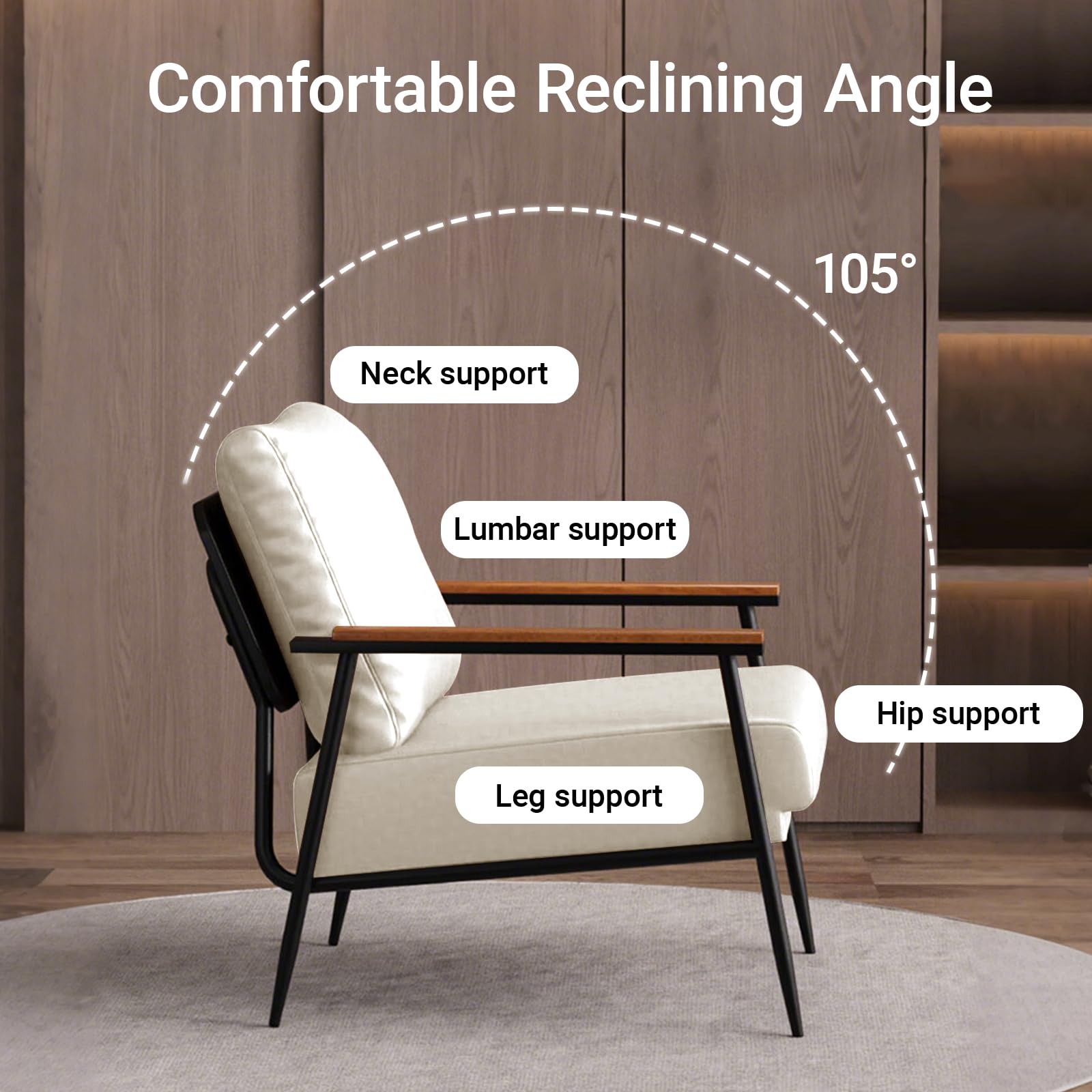 Silla decorativa, sillón de piel sintética con marco de metal, cómoda silla de lectura con cojines y reposabrazos de madera para sala de estar, dormitorio, comedor