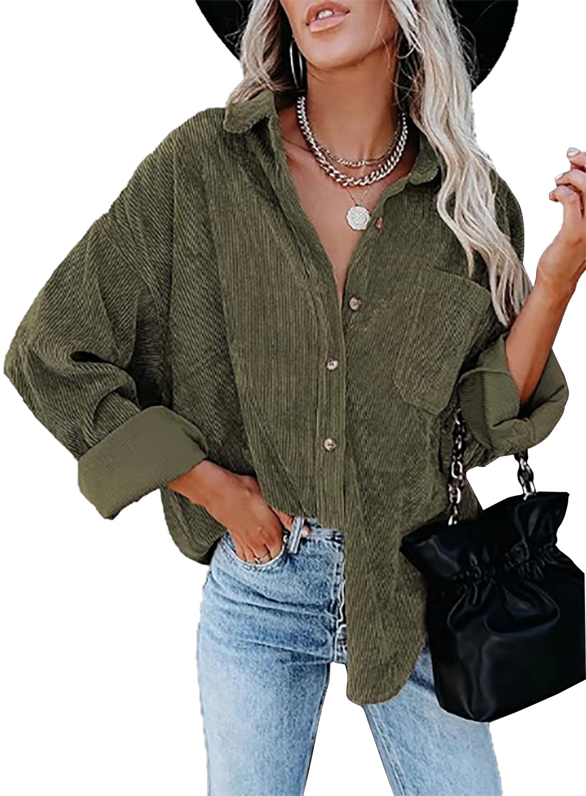 Necooer Damen Cordhemden Boyfriend Langarm Button Down Blusen Tops