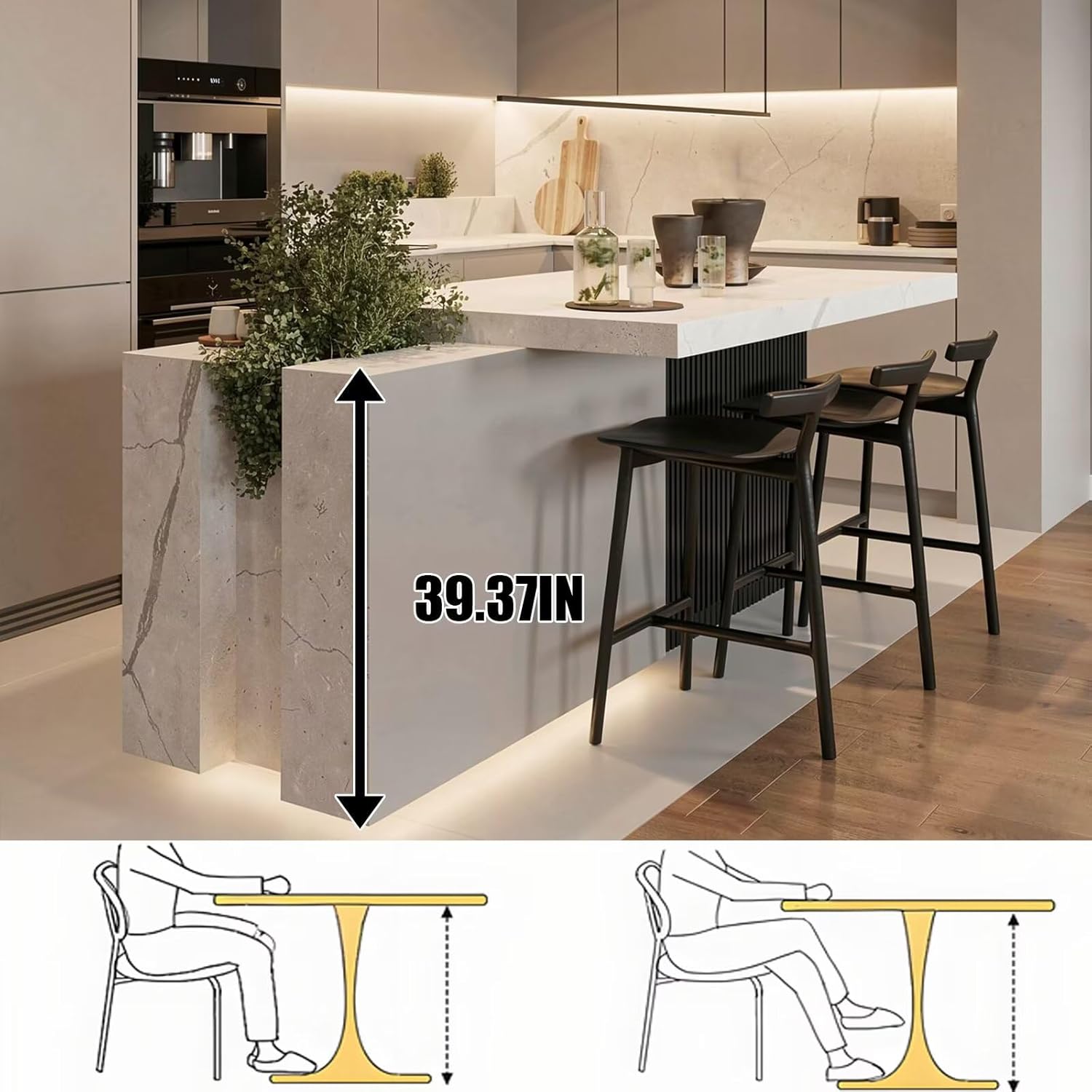 Kitchen Island with Storage - Large Kitchen Island Table with LED Lighting, Slate Patterned Top,Modern Bar Includes Under Cabinet Storage, for 2 People (62.99IN No Chairs)