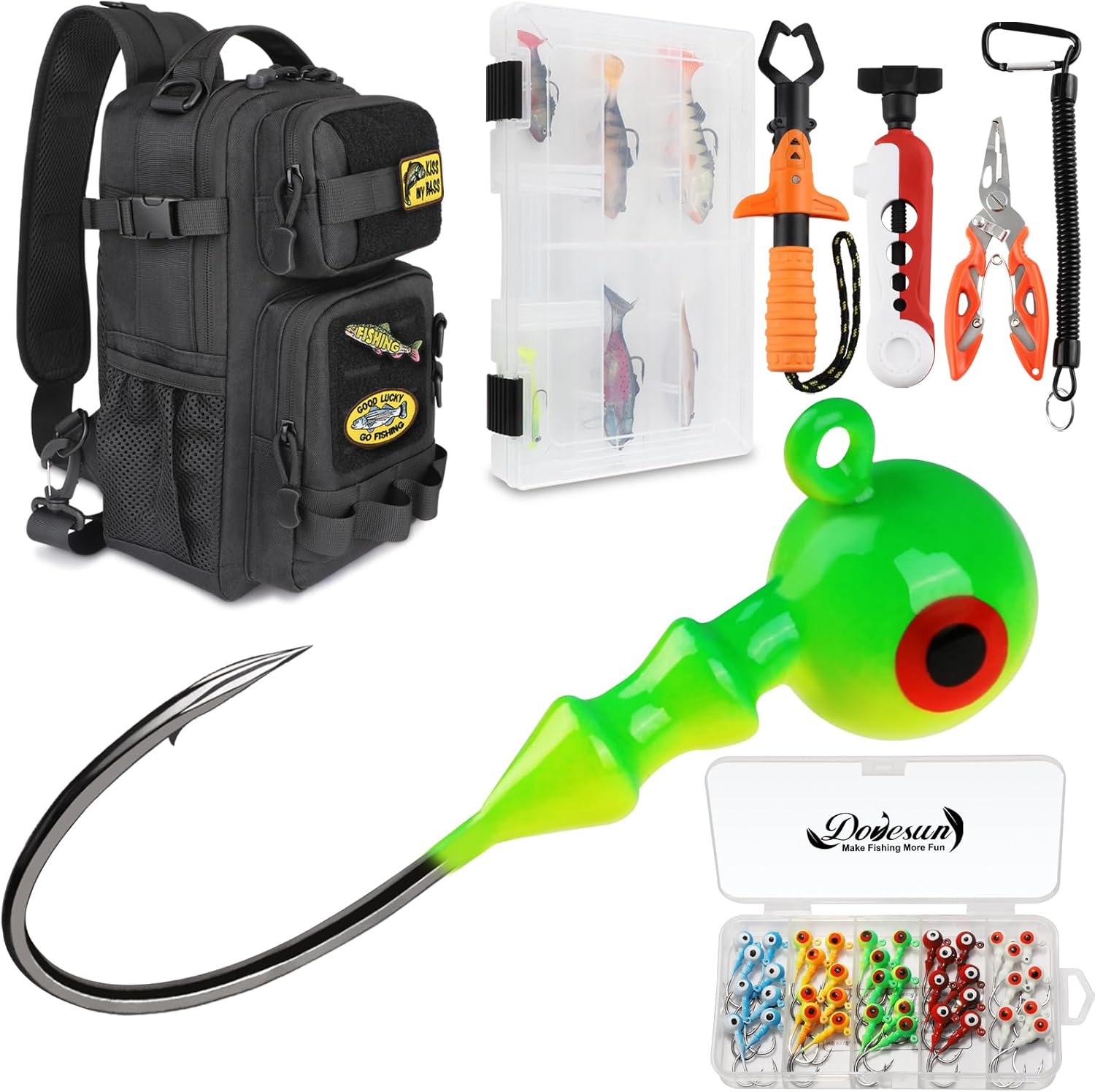 Dovesun Jig Heads, 1/8oz 40pcs Painted Jigheads, Sling Bag with Tool Set, Sling Tackle Bag & 3600 Tackle Box, Fishing Line Spooler, Fish Gripper, Pliers, Lanyard, 6pcs Random Lures Fishing