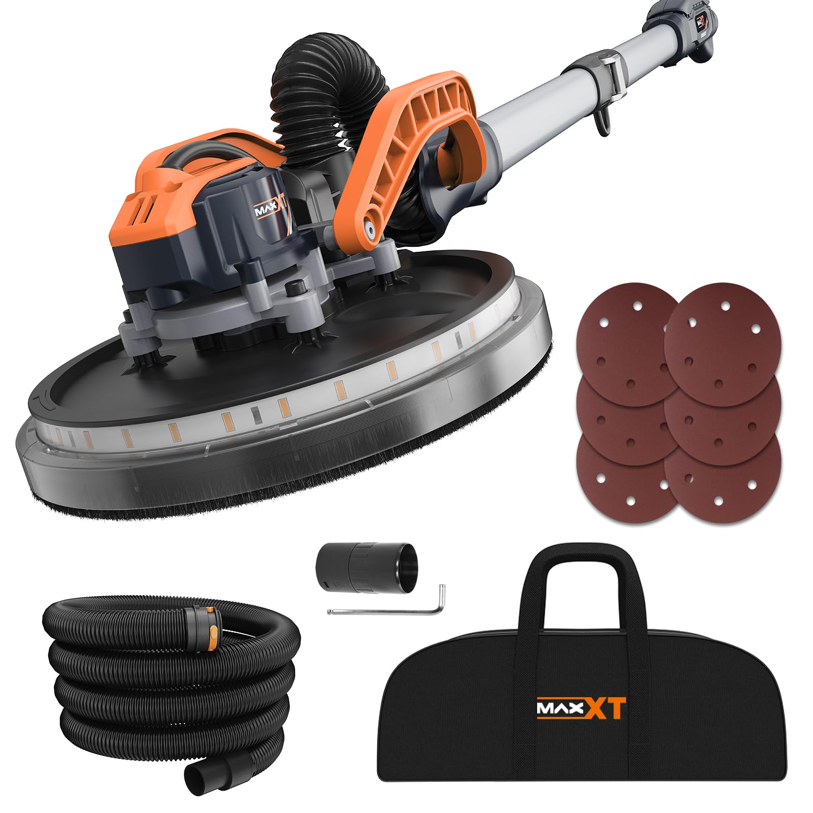 MAXXT Ponceuse sans balais pour cloison sèche, 600-1200 tr/min, lumière LED, 550 W, tampon de 215 mm, lumière LED à 360° et indicateur de vitesse