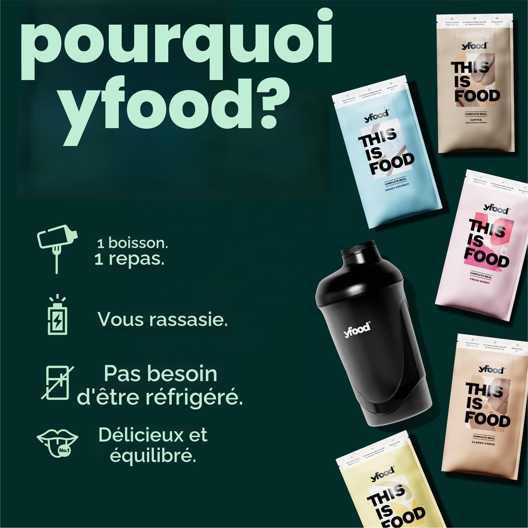 yfood Repas en Poudre, Pack Découverte 10 repas/5 variétés, 25g protéines | Repas complet en 2 min – 25g de protéines et 26 vitamines & minéraux pour une alimentation équilibrée à tout moment.