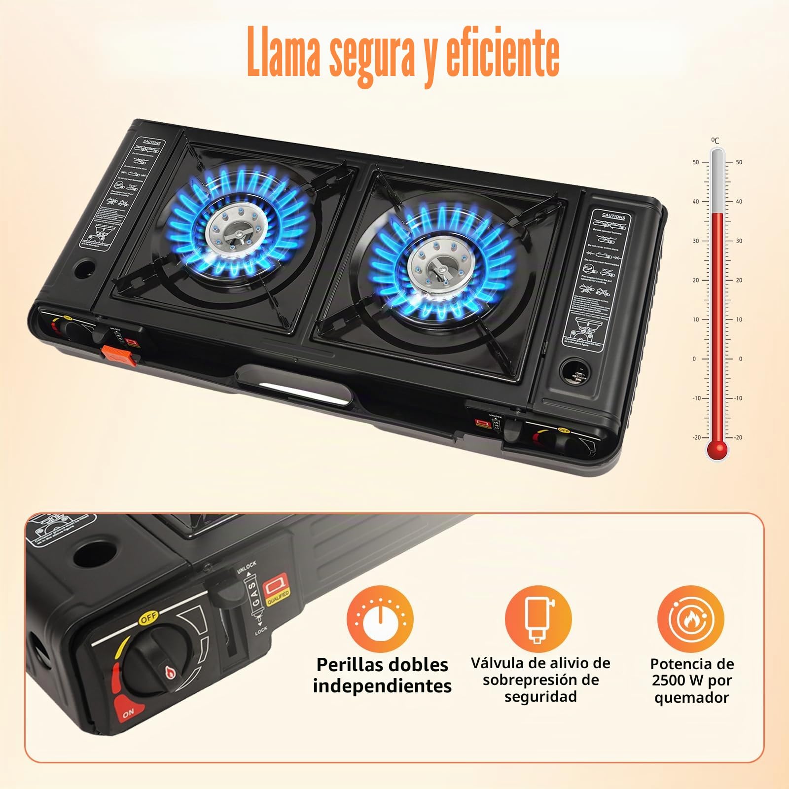 Hornillo de camping portátil de 2 quemadores de butano para exteriores, con placa para barbacoa, para picnic