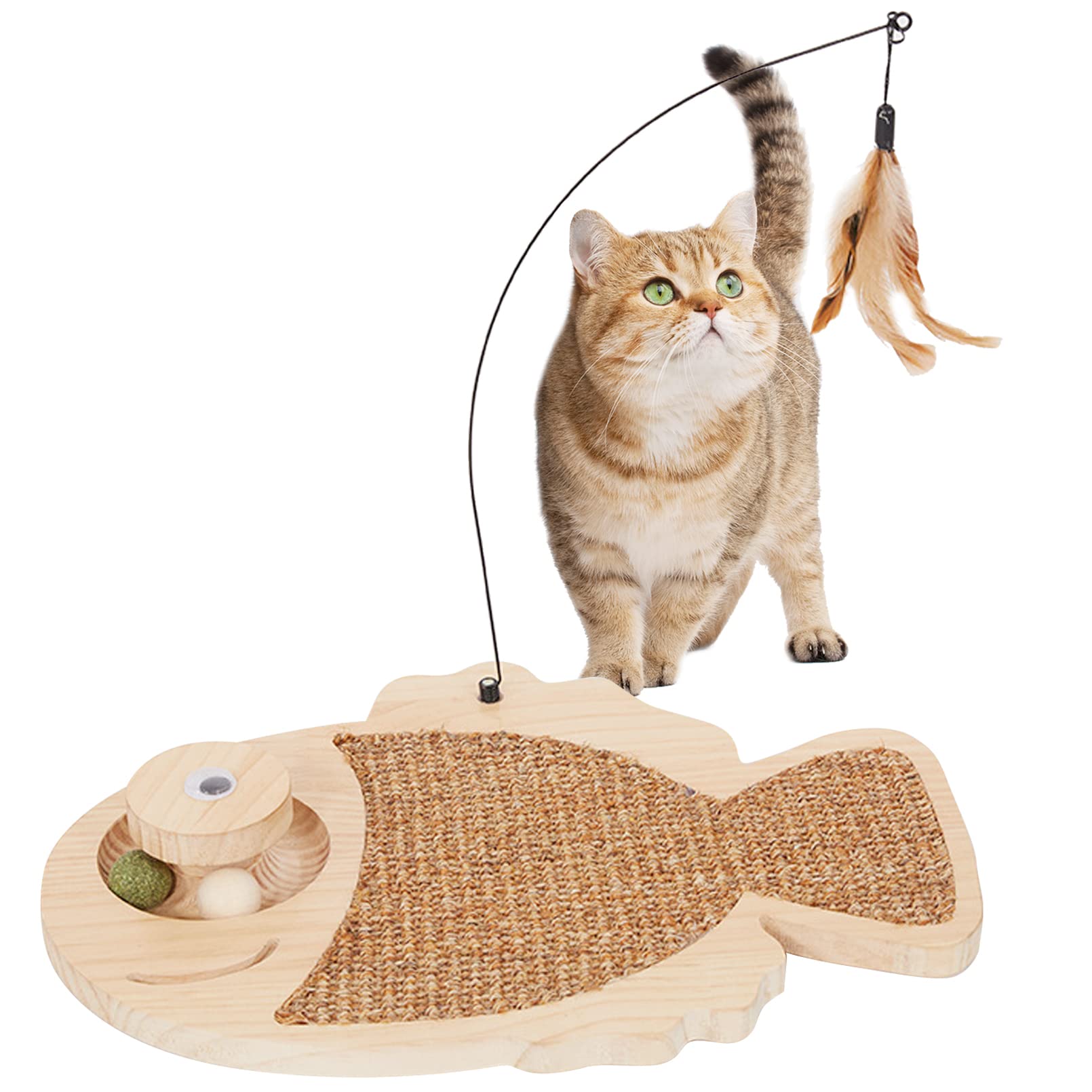 PINVNBY Cat Scratcher Natural Sisal Cat Scratch Pad with Kitten Interactive Toy, Catnip Balls and Cat Toy Roller Cat Scratch Mat for Kittens, Smaller Cats