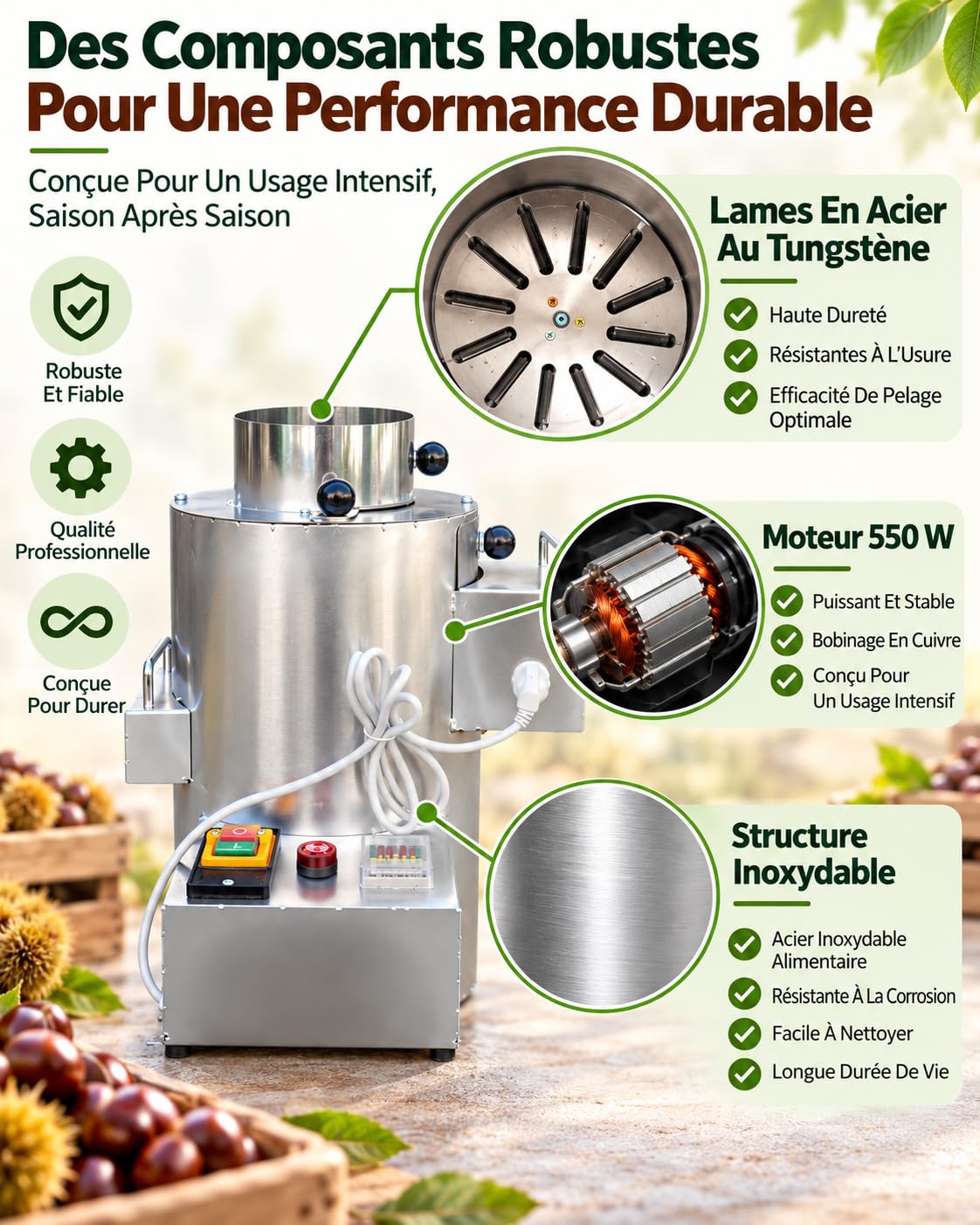Machine À Éplucher Les Châtaignes Électrique 550W,Éplucheuse De Châtaignes Pro,Minuterie Réglable,Acier Inoxydable,Pour Adapter Le Rythme De Travail Aux Petites,Moyennes Ou Grandes Quantités 18blades