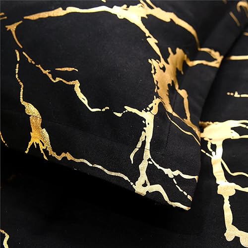 Miniatura 5 de Holawakaka - Juego de edredón con diseño de mármol metálico dorado, con líneas, brillantina y de tamaño matrimonial, color negrodorado, tamaño