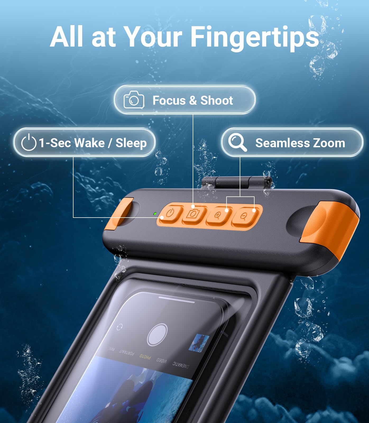 Custodia universale impermeabile IP68 con maniglia per otturatore, fotografia subacquea senza lag, per snorkeling e immersioni, adatta a telefoni da 8,5 pollici (iPhone 17 Pro Max, Galaxy S26
