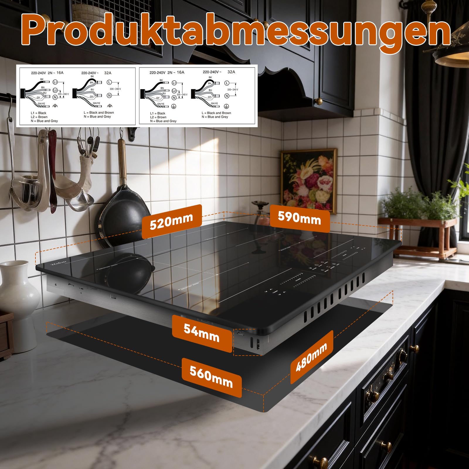 Hobsir Induktionskochfeld 60cm 4 Platten 7200W mit Flexzone Schwarz | Glaskeramikkochfeld 4 zonen Touch-Bedienung, separat steuerbare Kochfelder, Kinderhalte, Boost & Timer, Heizfunktion & Pause