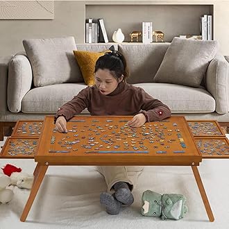 TEAKMAMA 1500 Piece Wooden Jigsaw Puzzle Board with 4 Drawers, Folding Puzzle Table with Protective Cover, Multifunctional Puzzle Board for Adults, 34W x 26.3D, Brown