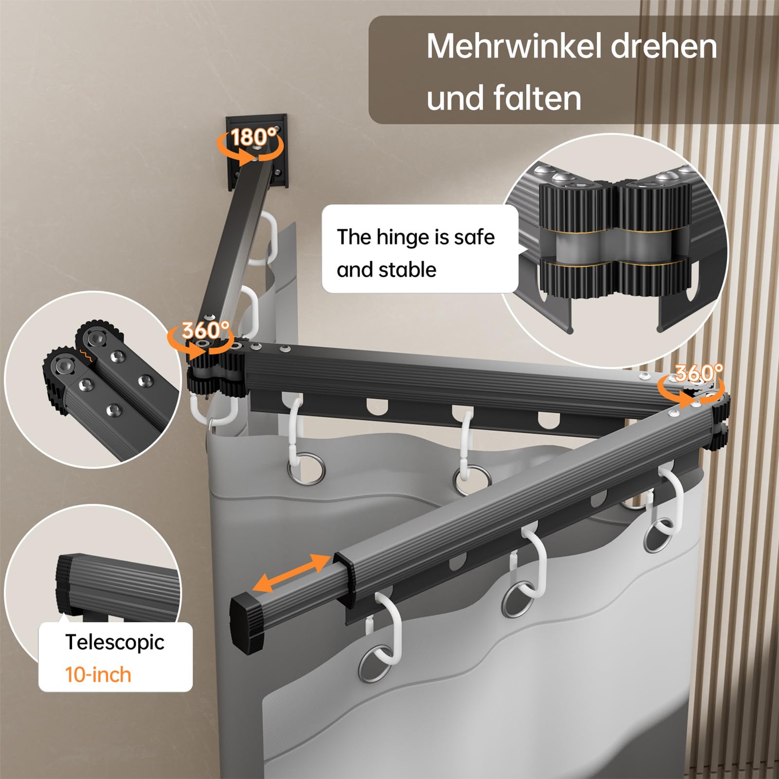 Rideau de douche pliable avec tringle à rideau de douche, colle de montage sans clou/perçage avec une perceuse, fonction réglable en angle L/U, rideau de douche imperméable, 4 plis gris