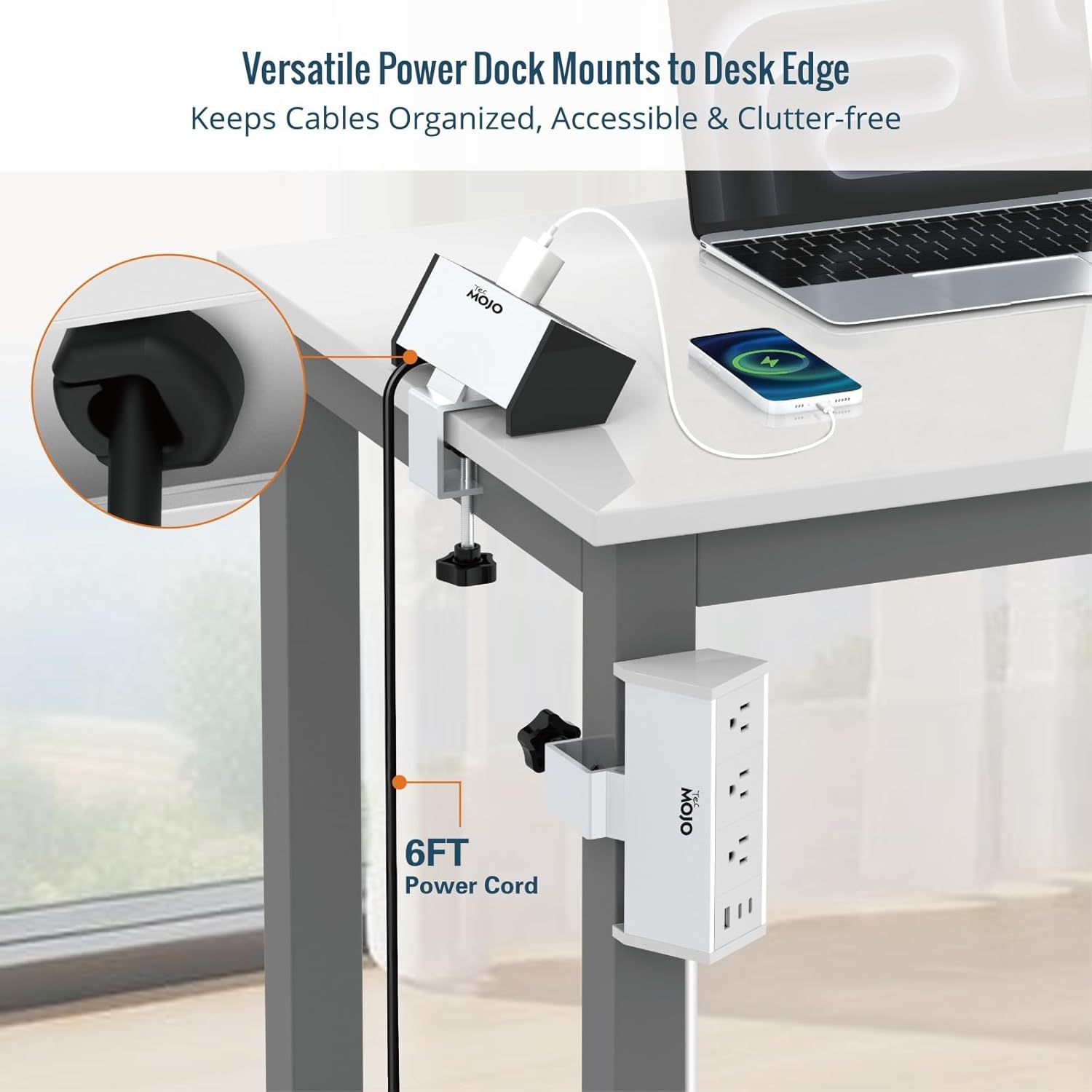 Tecmojo Desk Clamp Power Strip 3 Outlet with 1 USB A and 2 USB C Ports, 6 ft Cord, Desk Outlet Station Fit 1.6" Tabletop Edge, ETL Listed, White