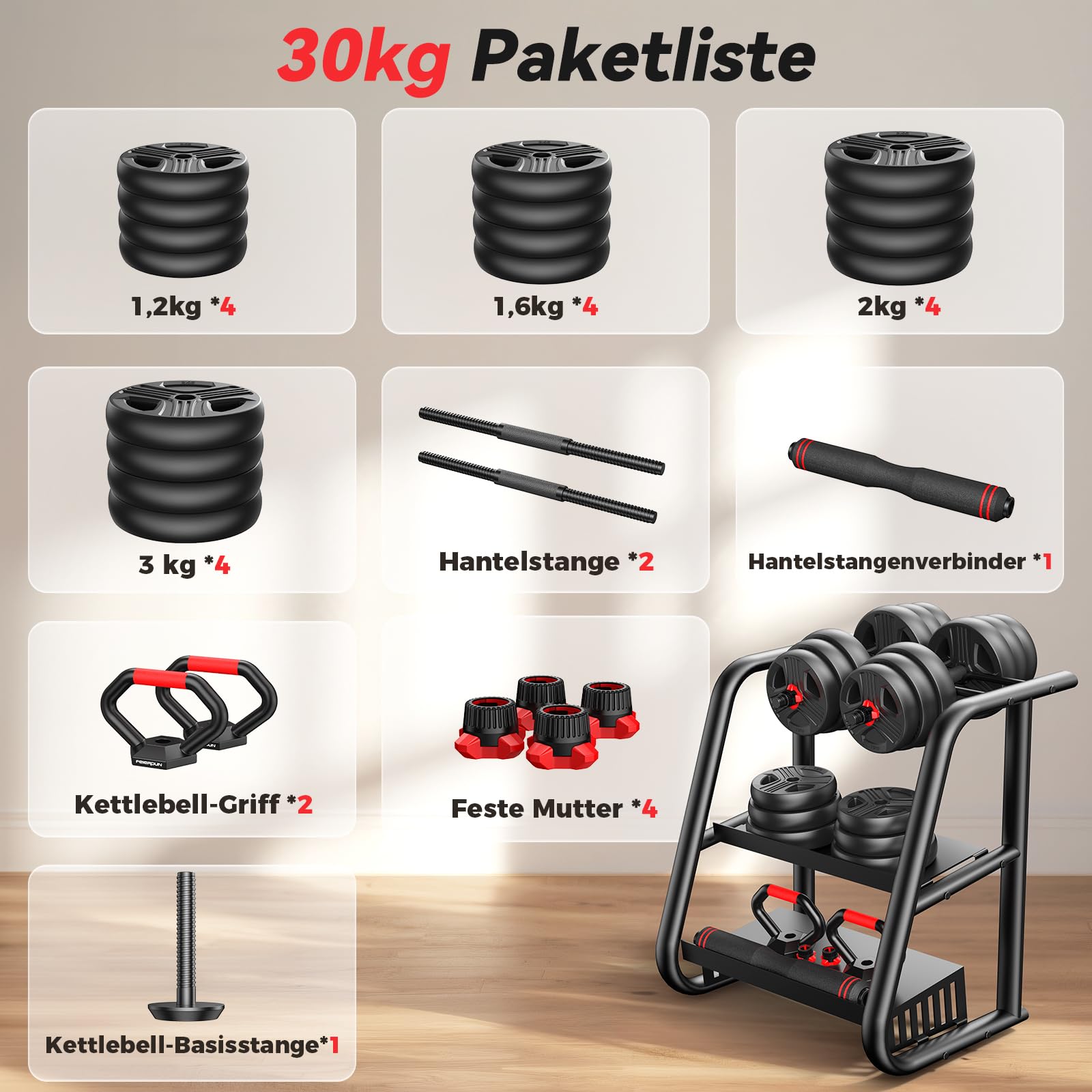 FEIERDUN 10kg-40kg Hanteln Verstellbar 2er Set, 5-in-1 Hantelset Dumbbell Set, Langhantel, Kettlebell, Liegestützständer für Ganzkörpertraining, Krafttraining für Männer und Frauen