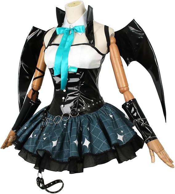 Anime Little Devil Miku Cosplay Costume Outfit H'atsune M'iku Uniform Dresses Full Set Halloween Party Dress Up Suit with Wig/Headdress/Wings/Stickers for Women Girls