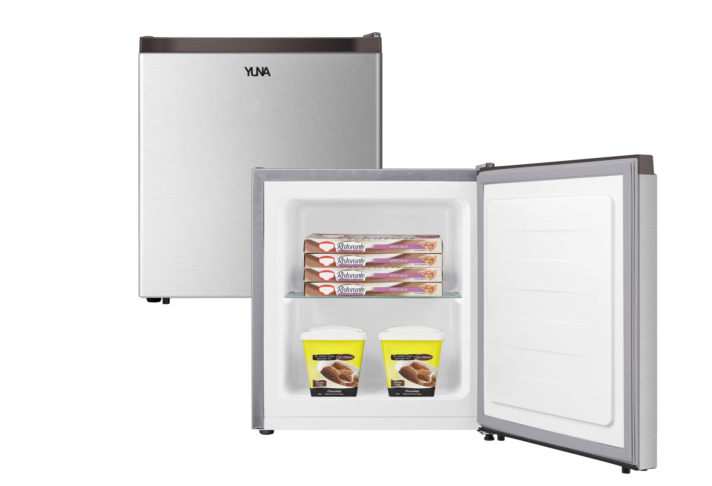 YUNA Mini Gefrierschrank SEREBRO FROST XS GB32 E mit 34l SILBERN bis - 18°C wechselbarer Türanschlag 147 kW höhenverstellbare 39 dB Gefrierbox Camping Büro freistehend