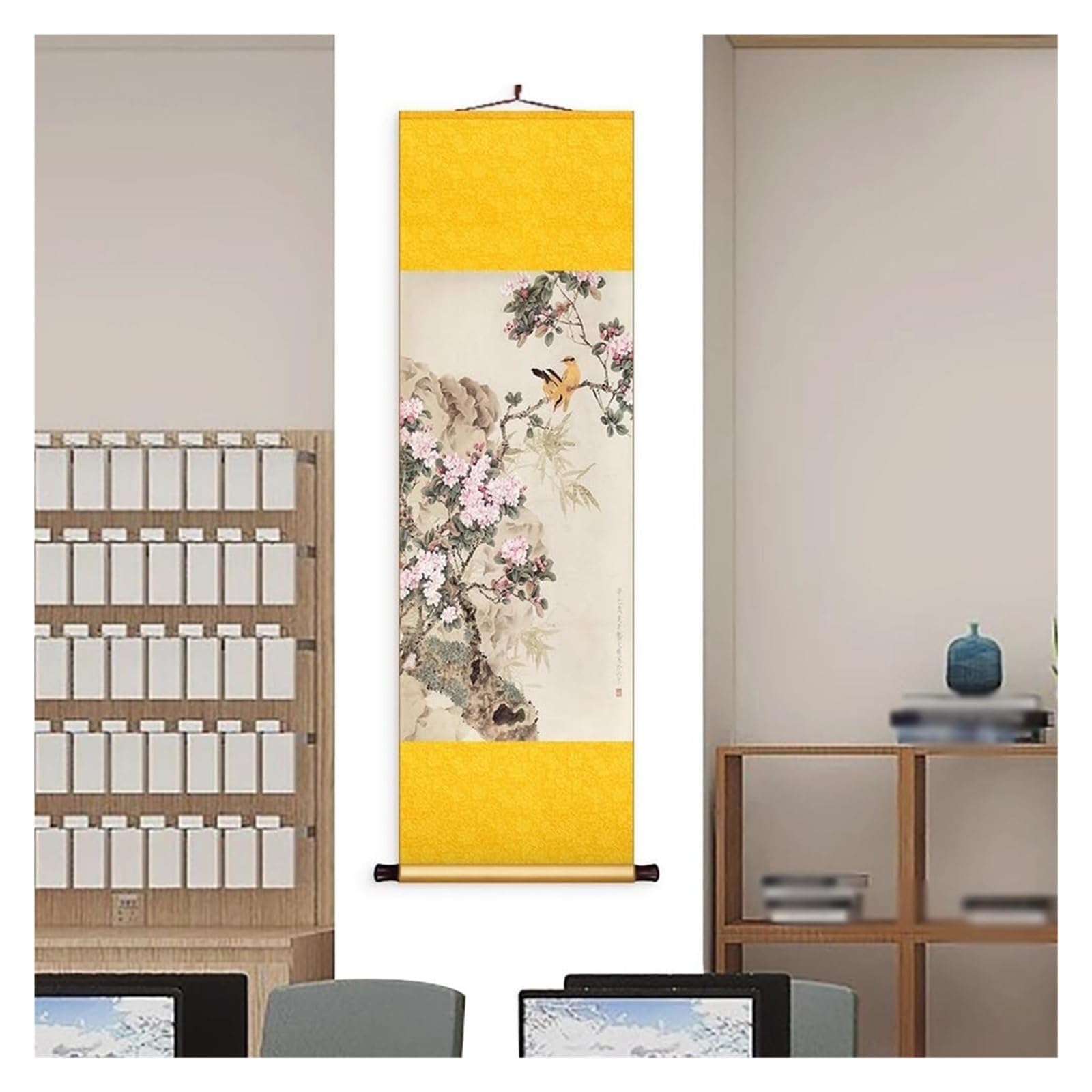 Chiński jedwabny zwój z motywem ptaka kwiatowego, ręcznie robiona dekoracja ścienna do salonu, orientalny wystrój artystyczny, prezent na parapetówkę(Yellow,50L x 158W cm)