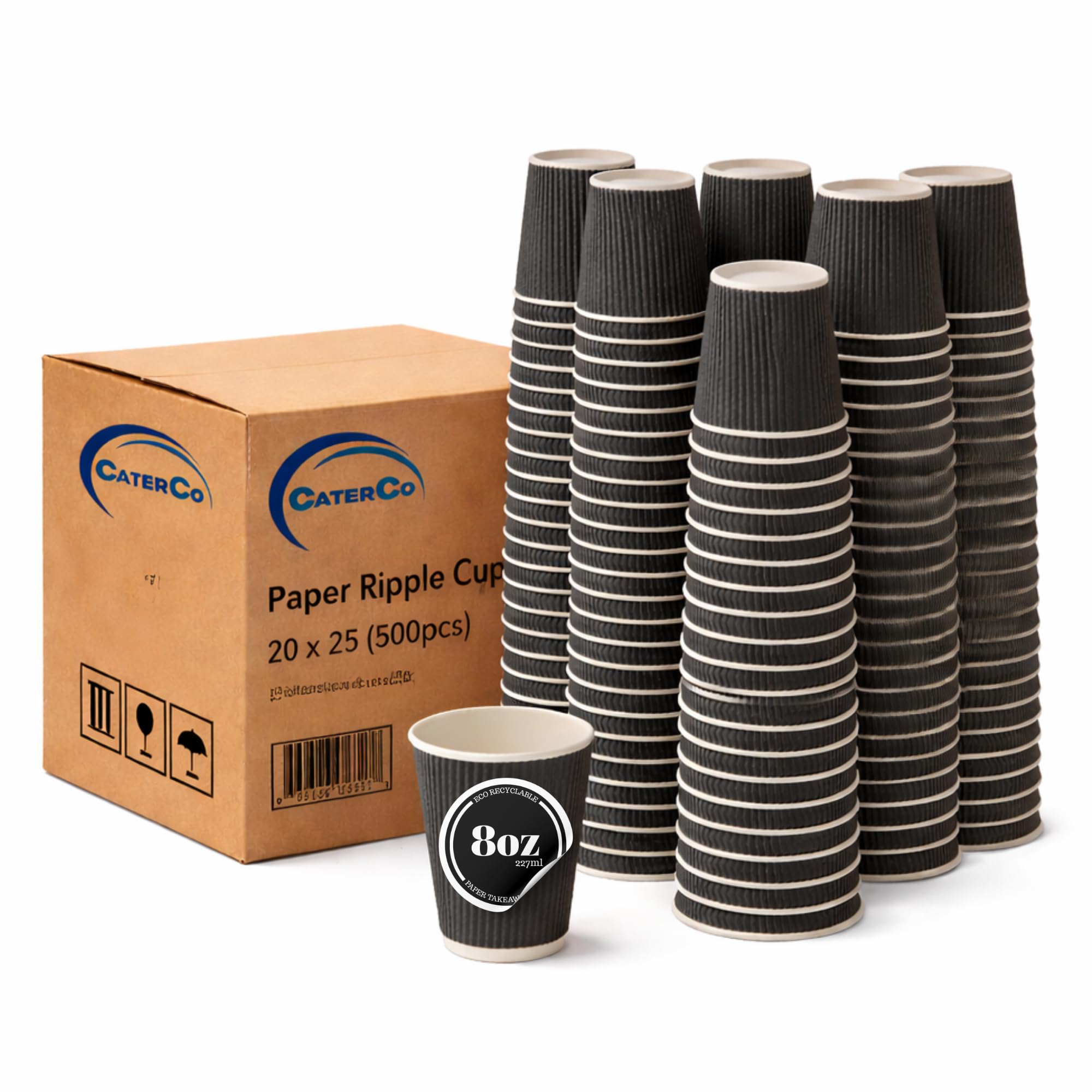 CaterCo 8oz Black Ripple Wall Coffee Cups - 500 Pack Triple Insulated Cups for Hot Drinks, Tea - Recyclable, Black Paper Cups for Cafes, Takeaway, Office, Events - 8oz / 237ml - 500 Pack