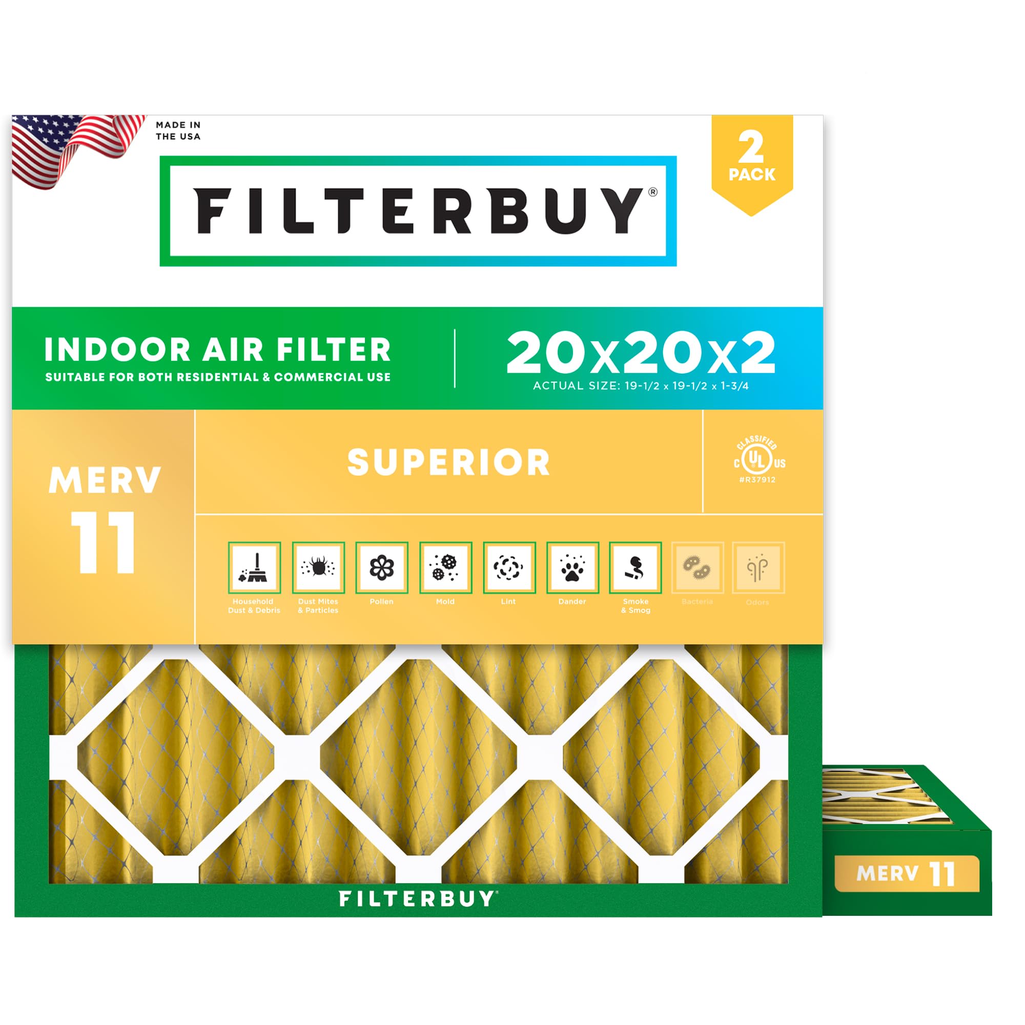 Filterbuy 20x20x2 Air Filter MERV 11 Superior Pet & Allergy Defense (2-Pack), Electrostatic Pleated HVAC AC Furnace Filters Replacement, Made in USA (