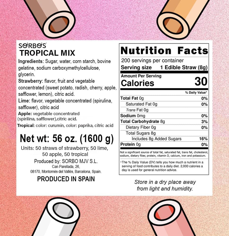 SORBOS Edible Straws, Tropical Mix Flavor Variety, Tropical, Strawberry, Lime, Apple, Individually Wrapped, No Allergens, No Gluten, 7.4 inches long (Pack of 200)