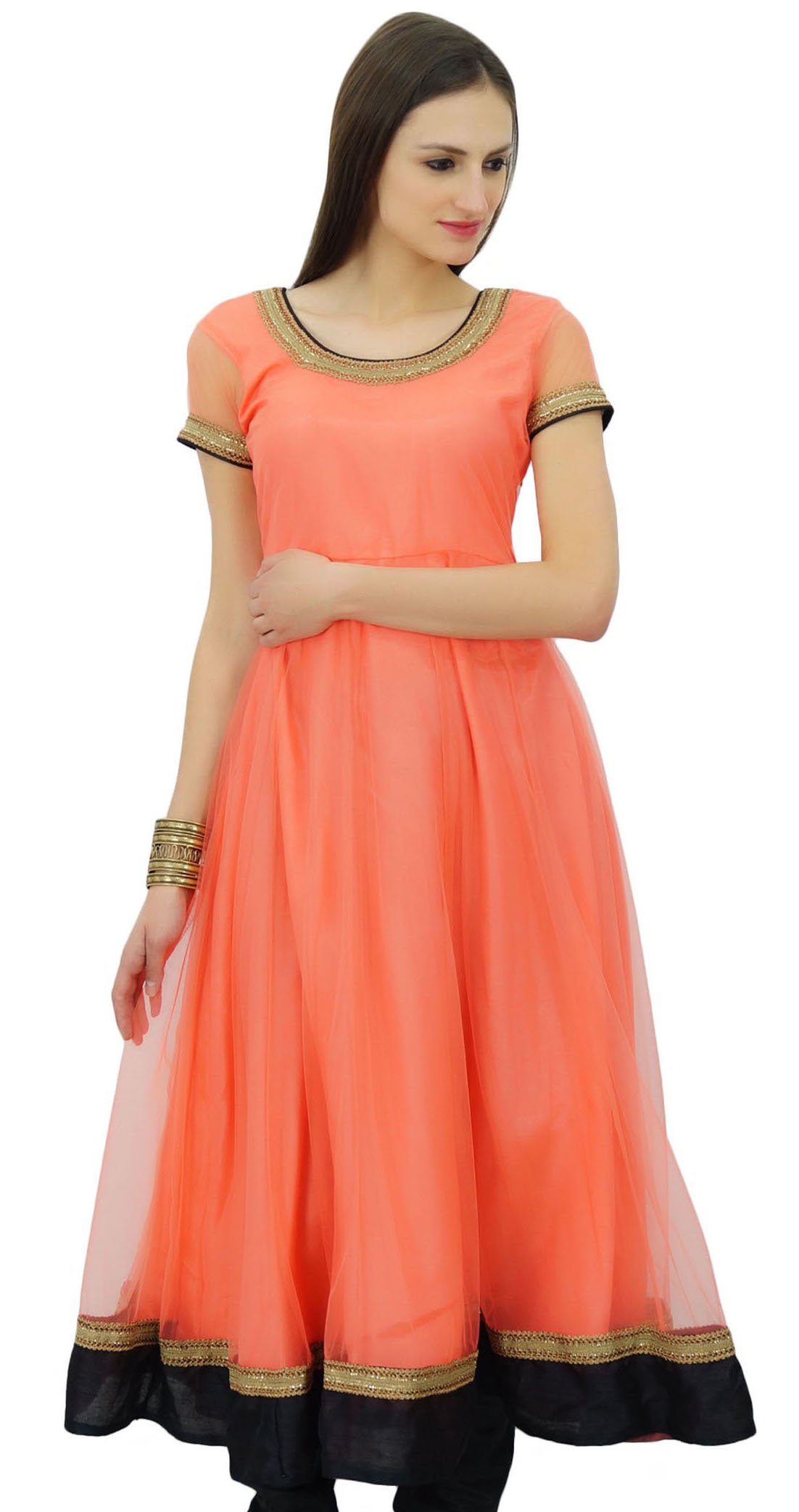 Bimba Women's Flared Net Anarkali Dress Party Wear Indian Kurti Tunic Traditional Kurta Peach