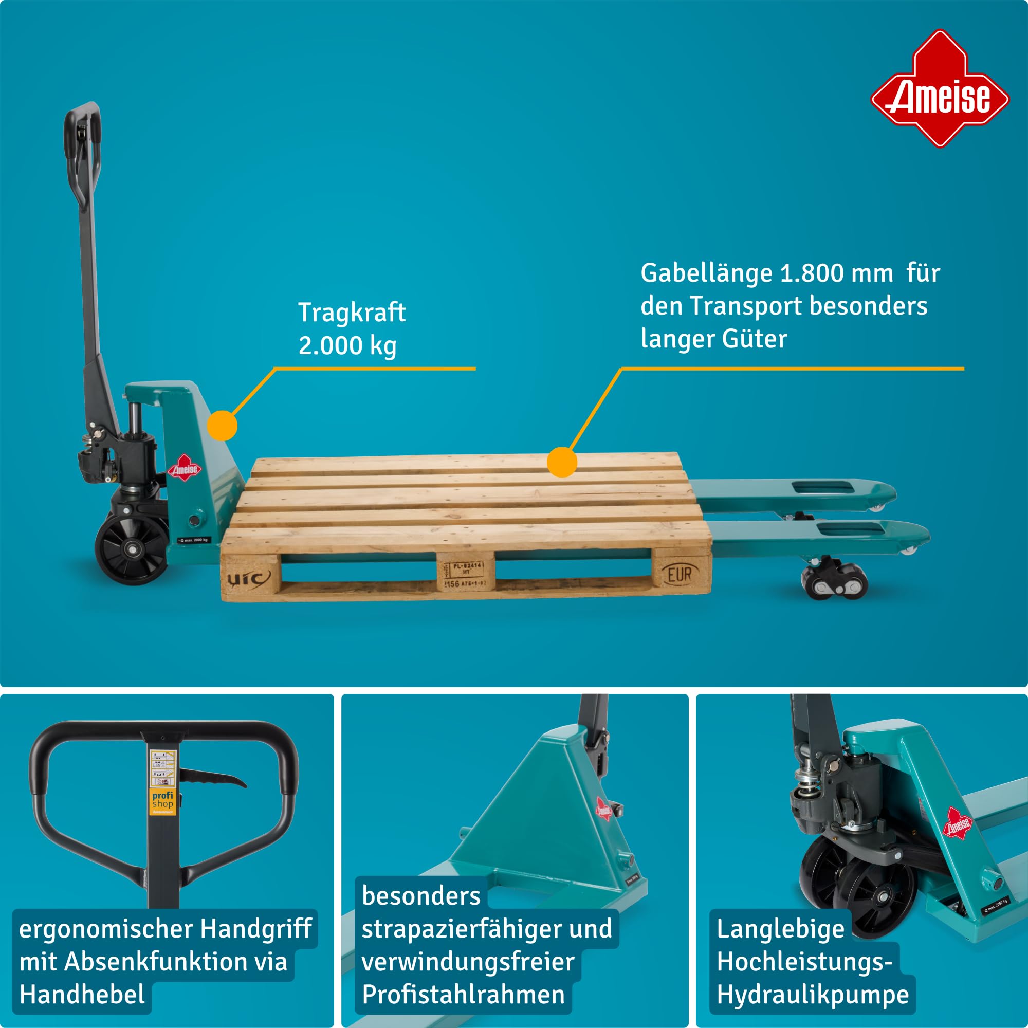 Ameise Hubwagen PTM lang | 2.000 kg Tragkraft | 1.800 mm Gabellänge | Lenkrad/Gabelrolle aus robustem Polyurethan | Tandem-Gabelrollen | Palettenhubwagen