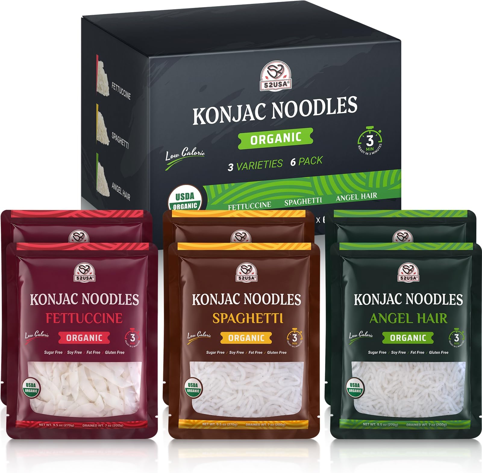 52USA USDA Organic Konjac Shirataki Noodle, Low Carb Pasta 52.8 Oz, 6 Pack 3 Variety-Angel Hair, Fettuccine, Spaghetti Noodles, Keto and Paleo Friendly, Low Calorie, Sugar Free, Vegan, Ready to Eat