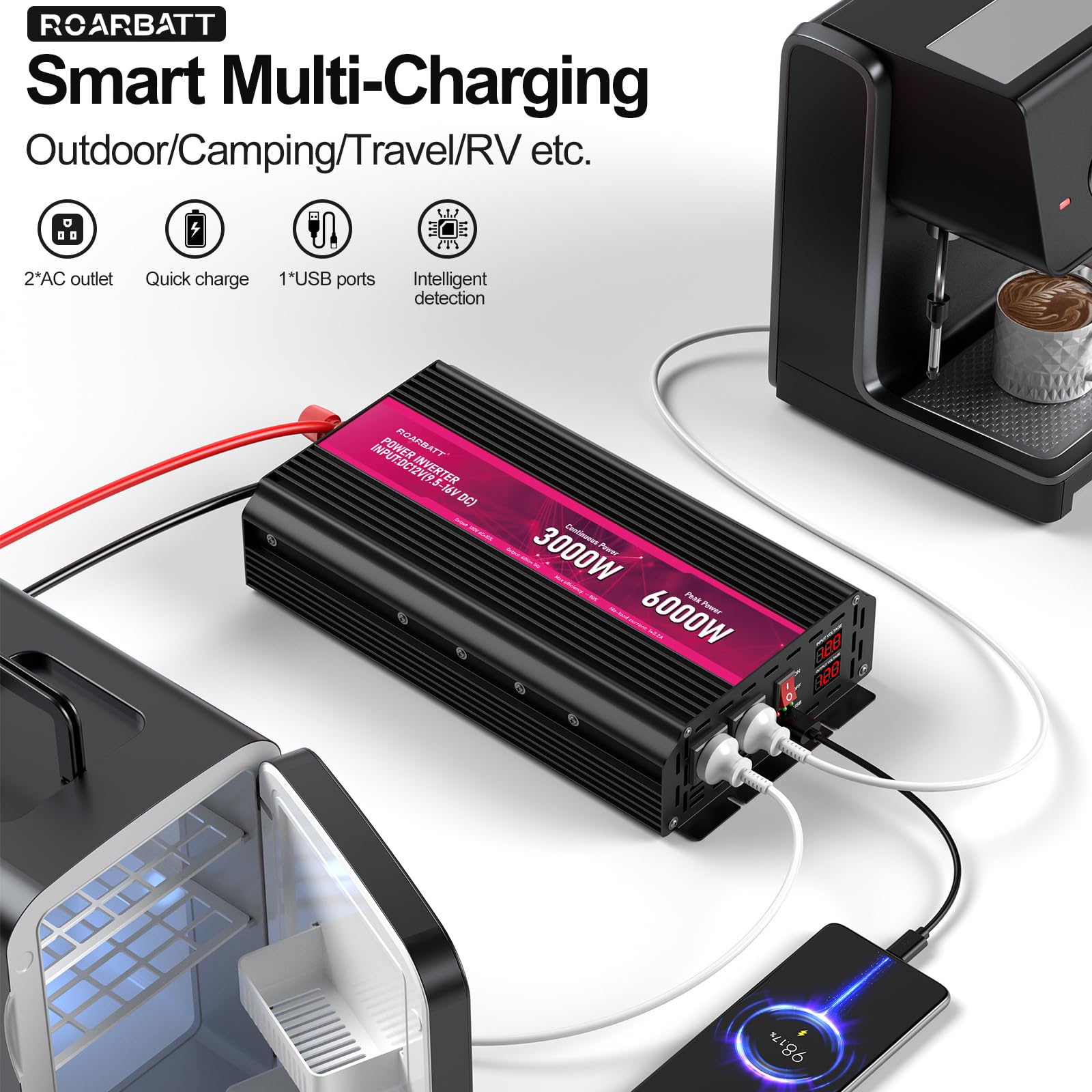 3000 W 12 V DC na AC 110V 120V Maksymalna moc 6000W z wyjściem 2 AC i portem USB 2.4, wyświetlacz LCD z falownikiem samochodowym do konwertera energii do aktywności na