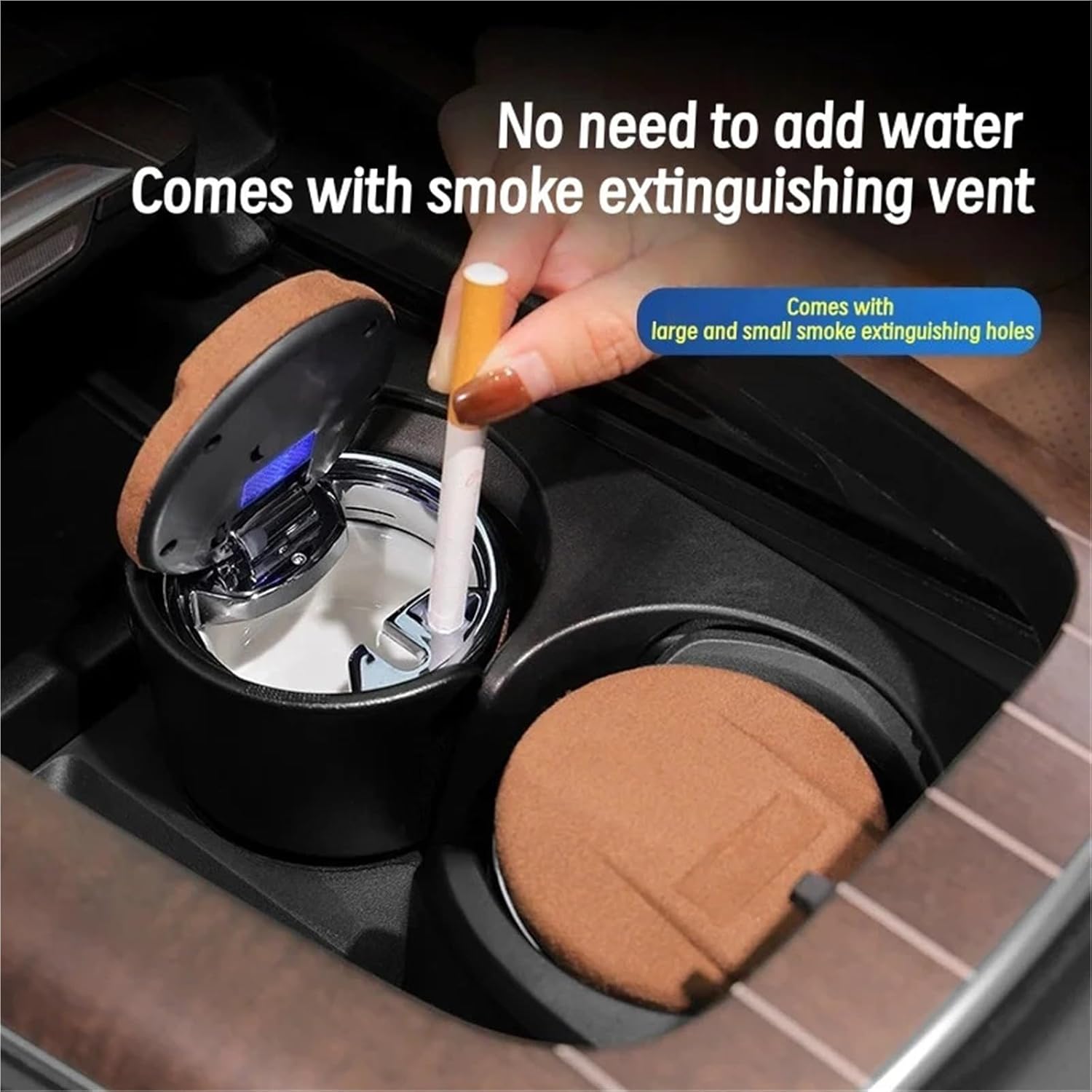 Car Mounted Suede Ashtray With Smoke And Dust Isolation LED Blue Light Multifunctional Interior Modification Accessories(Coffee Brown)