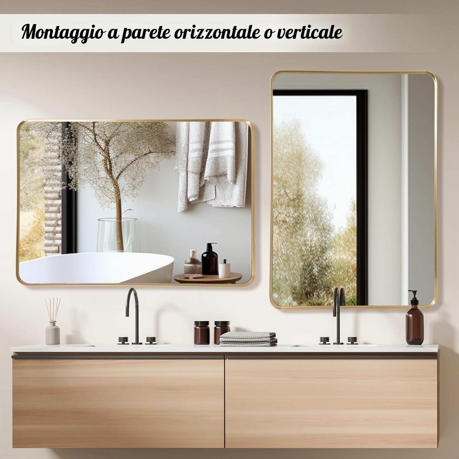 Specchio-Bagno 50x75 CM Oro Specchio da parete design moderno Profondità di 3.5 cm Specchio Bagno Orizzontale/Verticale decorazione da parete per camera da letto, ingresso, soggiorno, corridoio