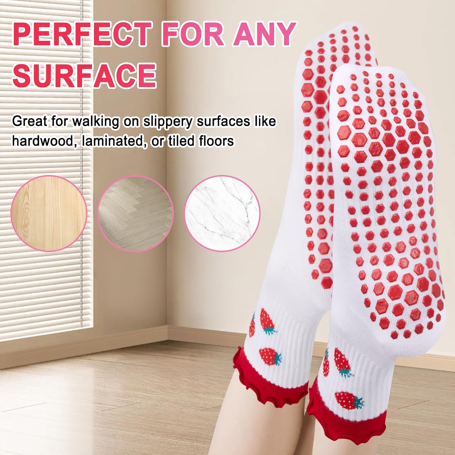 HUANLANG Cute Pilates Grip Socks for Women Non-Slip Yoga Socks Ruffle Cuff Embroidery Pattern,Sticky Sock for Barre Workout