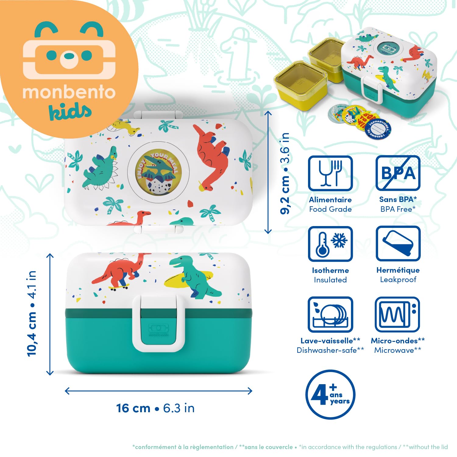 Monbento - Coffret Cadeau Enfant Tresor bleu Dino - Lunch Box Personnalisable 800 ml et Mini Gourde 330 ml Positive S - Idée Cadeau Parfaite pour Noël, Anniversaire - Dinosaures