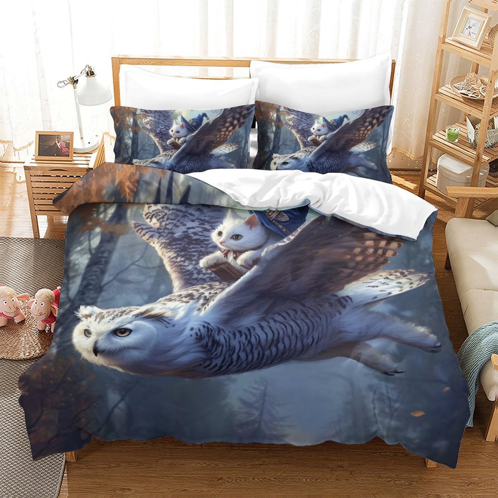 Parure de lit chouette 3D blanche haut de gamme en microfibre double de qualité supérieure