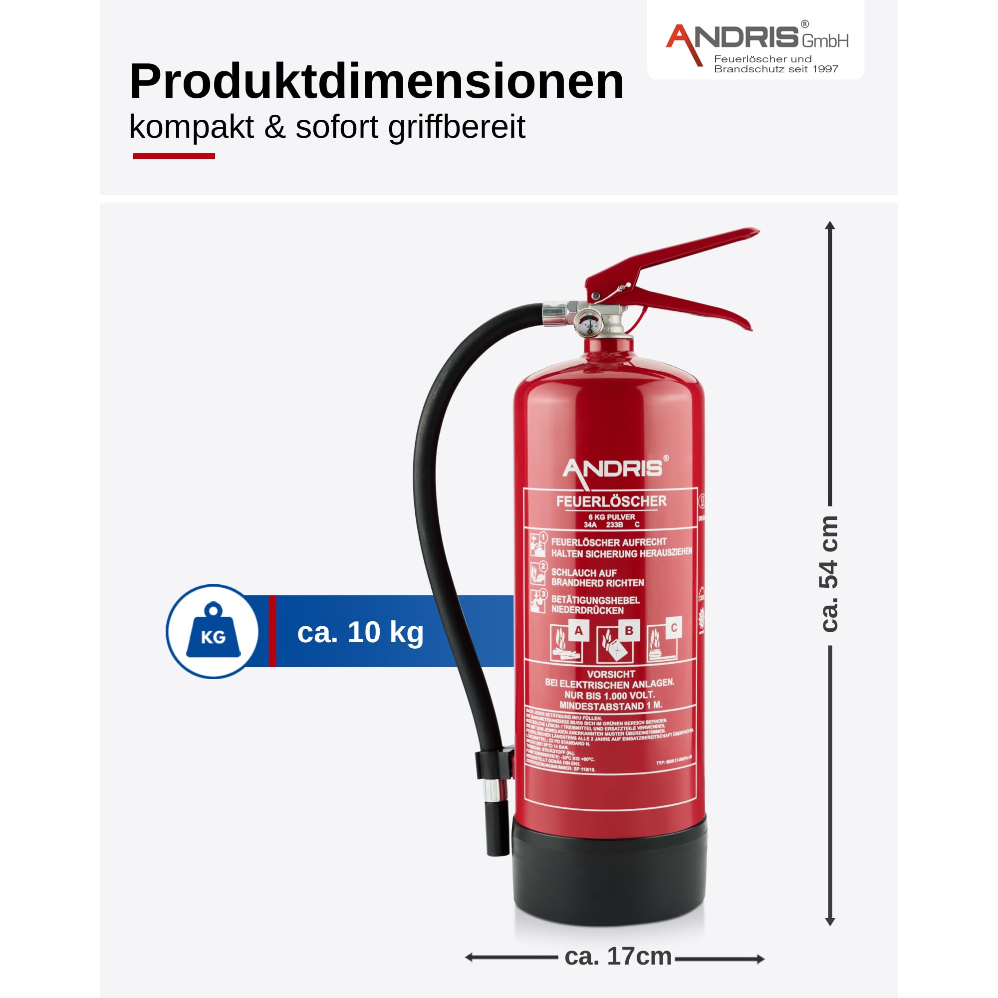 6kg ABC Pulver orig. ANDRIS® Feuerlöscher mit Halterung, Prüfnachweis + ISO Symbolschild