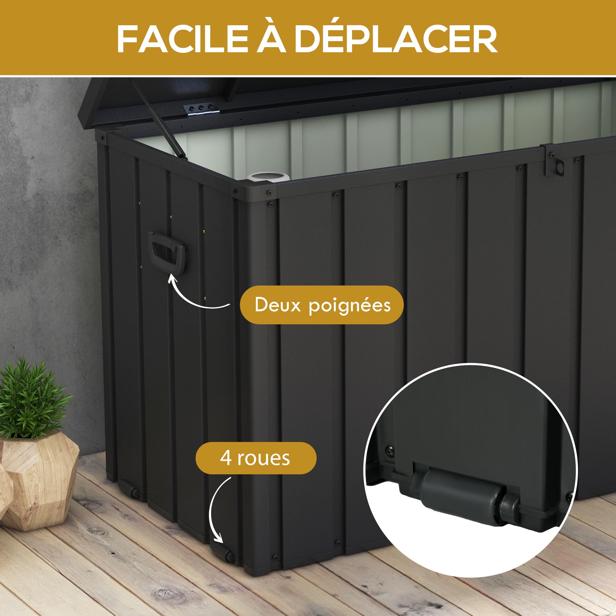 Outsunny Coffre de Rangement 450L Métal 125,5x61,5x70cm Gris Foncé | Malle de Jardin Extérieur, Poignée, Roulettes, Vérin à Gaz