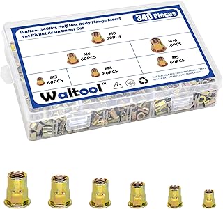 Waltool 340Pcs Half Hex Body Flange Insert Nut Rivnut Assortment Set, M3 M4 M5 M6 M8 M10 Zinc Plated Carbon Steel Flat Head Threaded Rivet Nuts for Plastic Metal Fiberglass