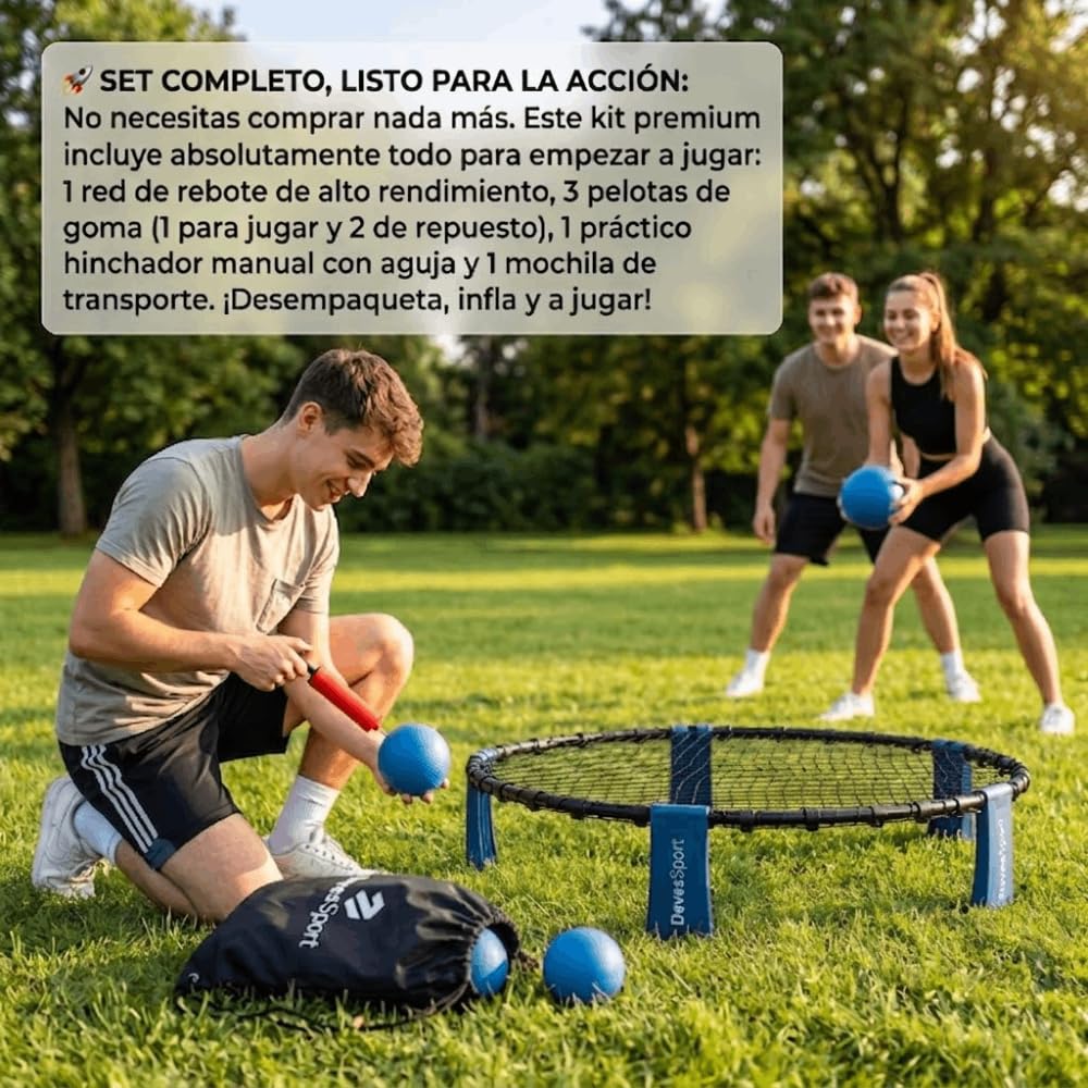 DevesSport Speedy Ball Ensemble complet avec filet de rebond (Ø 90 cm) pour plage, jardin et extérieur Set complet avec 3 ballons, pompe et sac de transport