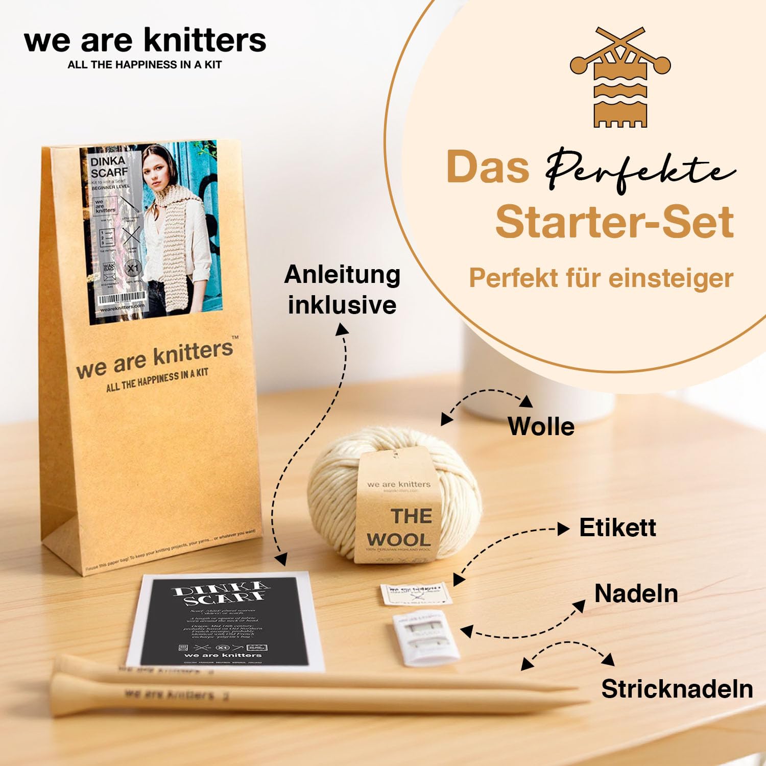 We Are Knitters Dinka Scarf Kit, Strickset für Anfänger mit Wolle und Anleitung, Stricken für Anfänger Set, Komplettes DIY Schal Set mit Nadeln & Label aus 100% natürlicher Wolle