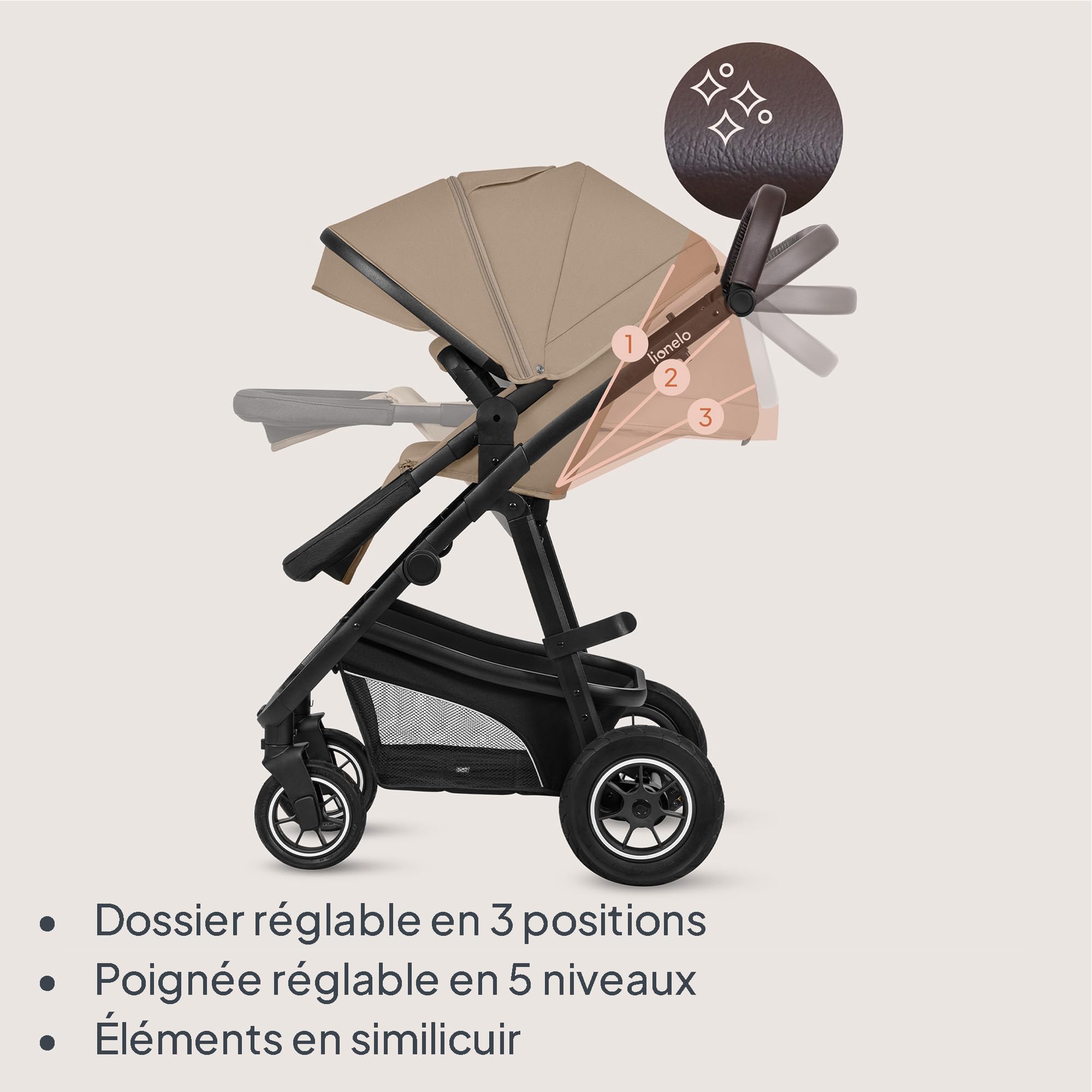 LIONELO BIANKA Poussette 3 en 1 max 22 kg Nacelle 9 kg Siège-auto 13 kg Pliable Système de Voyage Roues 360° Amorti Auvent XXL Trio