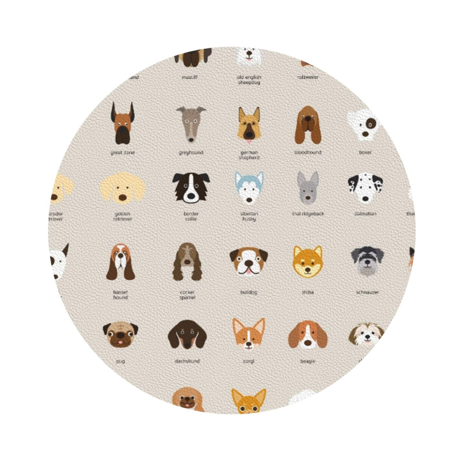Dog breed PU Leather Coasters Set of 6 Round Drink Coasters