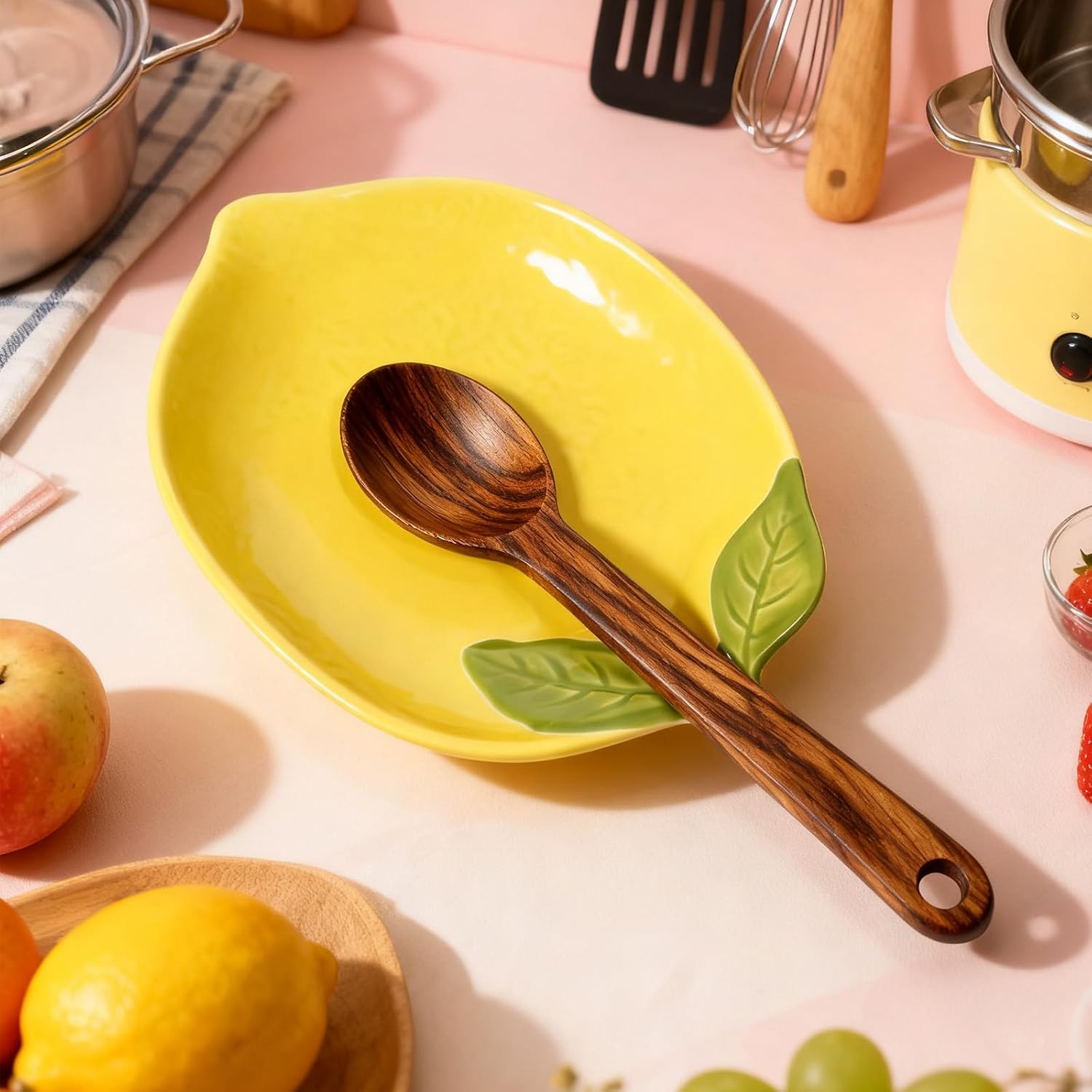 Cooking Spoons Holder Ceramic Spoon Rest Lemon Spoon Rest Utensil Holder Counter Farmhouse Kitchen Decor Lemon Accessories for Kitchen Counter Stove Top Valentine's Day