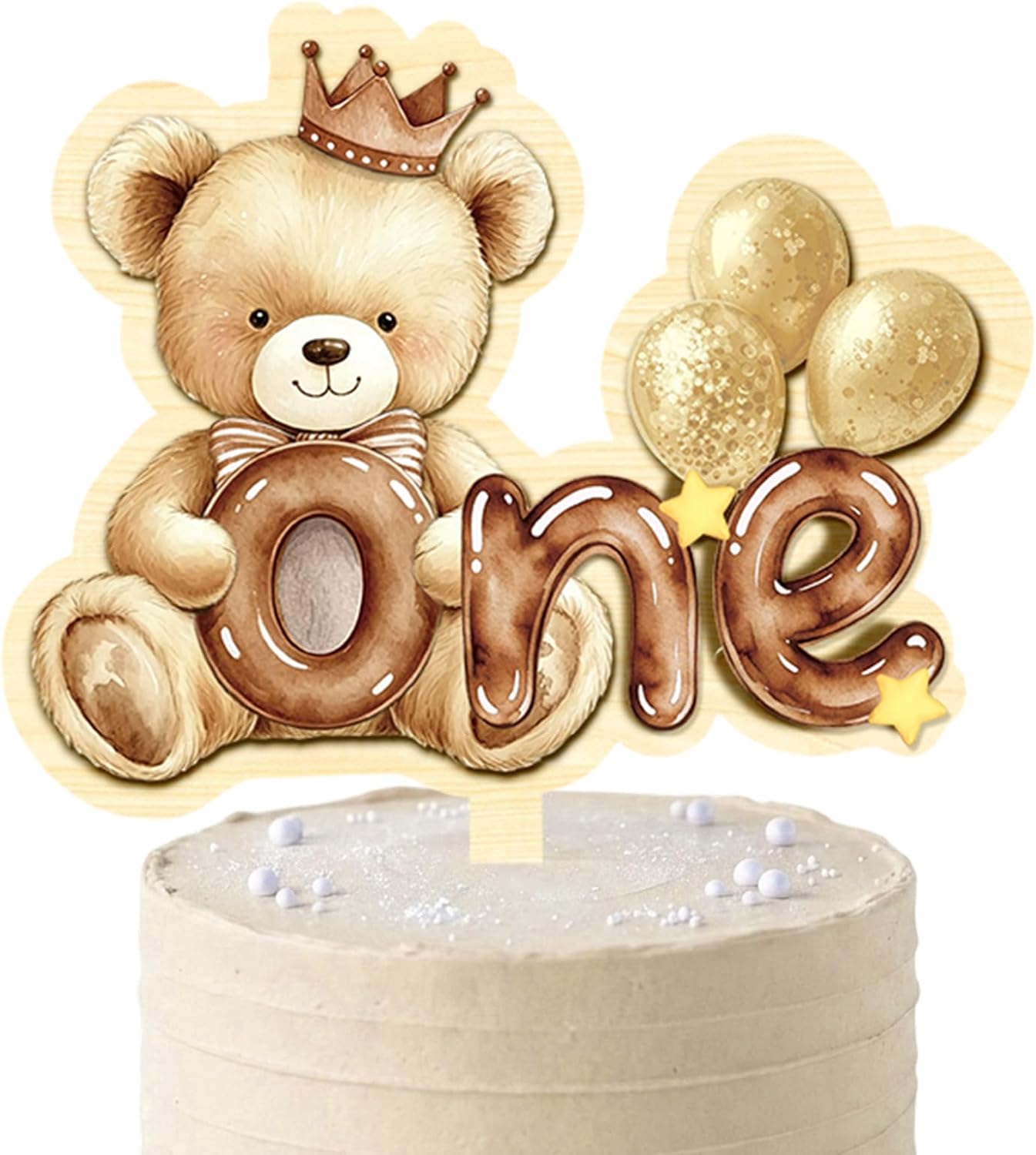 Bear 1st Birthday Cake Topper - Brown Wooden Teddy Bear Theme First Birthday Cake Decorations for Boys Girls, My 1st Bday Party Supplies, Adorable One Year Old Cake Smash Photo Props