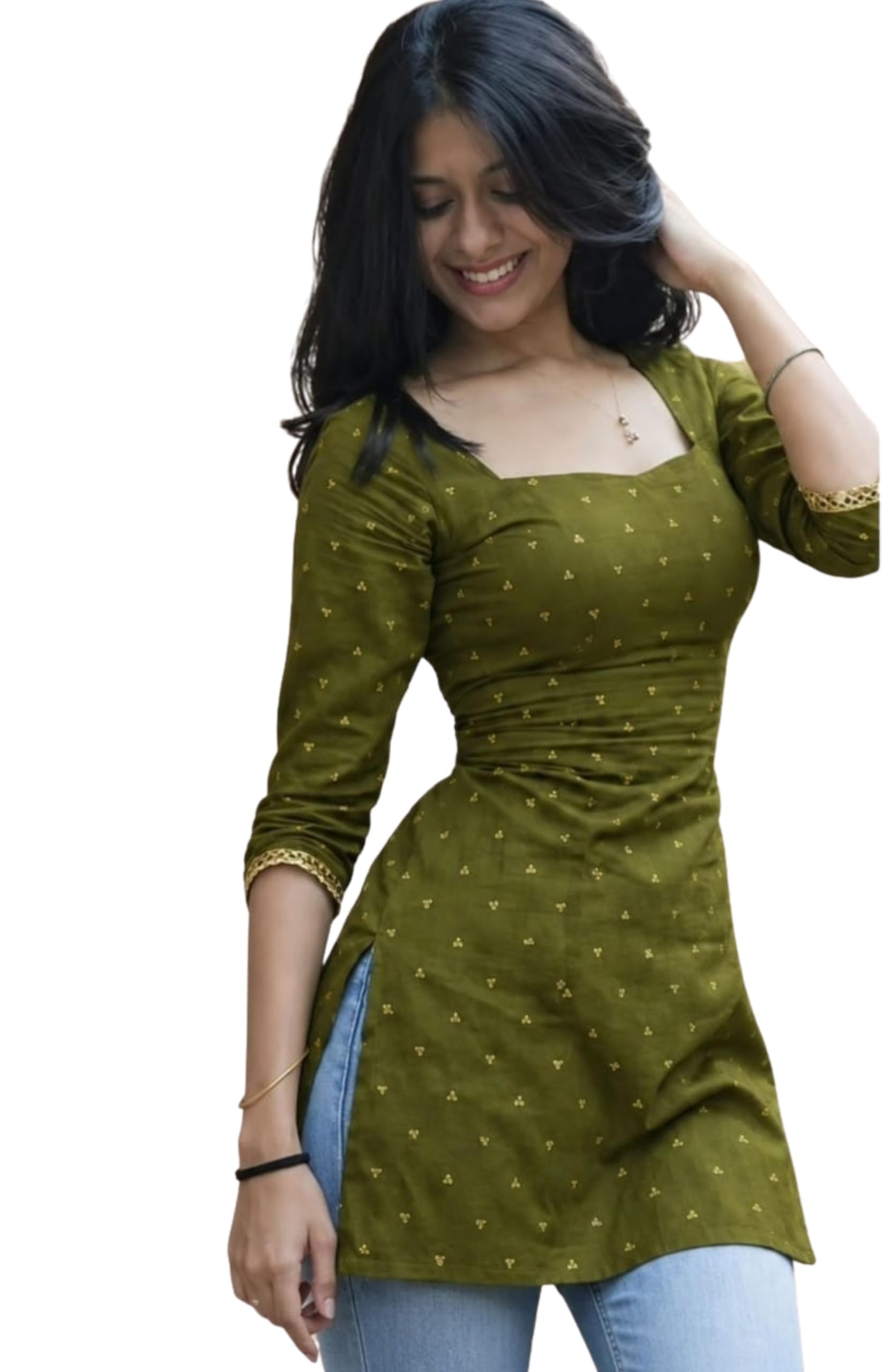 Women’s Green Printed Cotton Blend Kurti Top with Back Cross Tie-Up Design Three Quarter Sleeves Casual Ethnic Tunic for Girls & Women-image-6