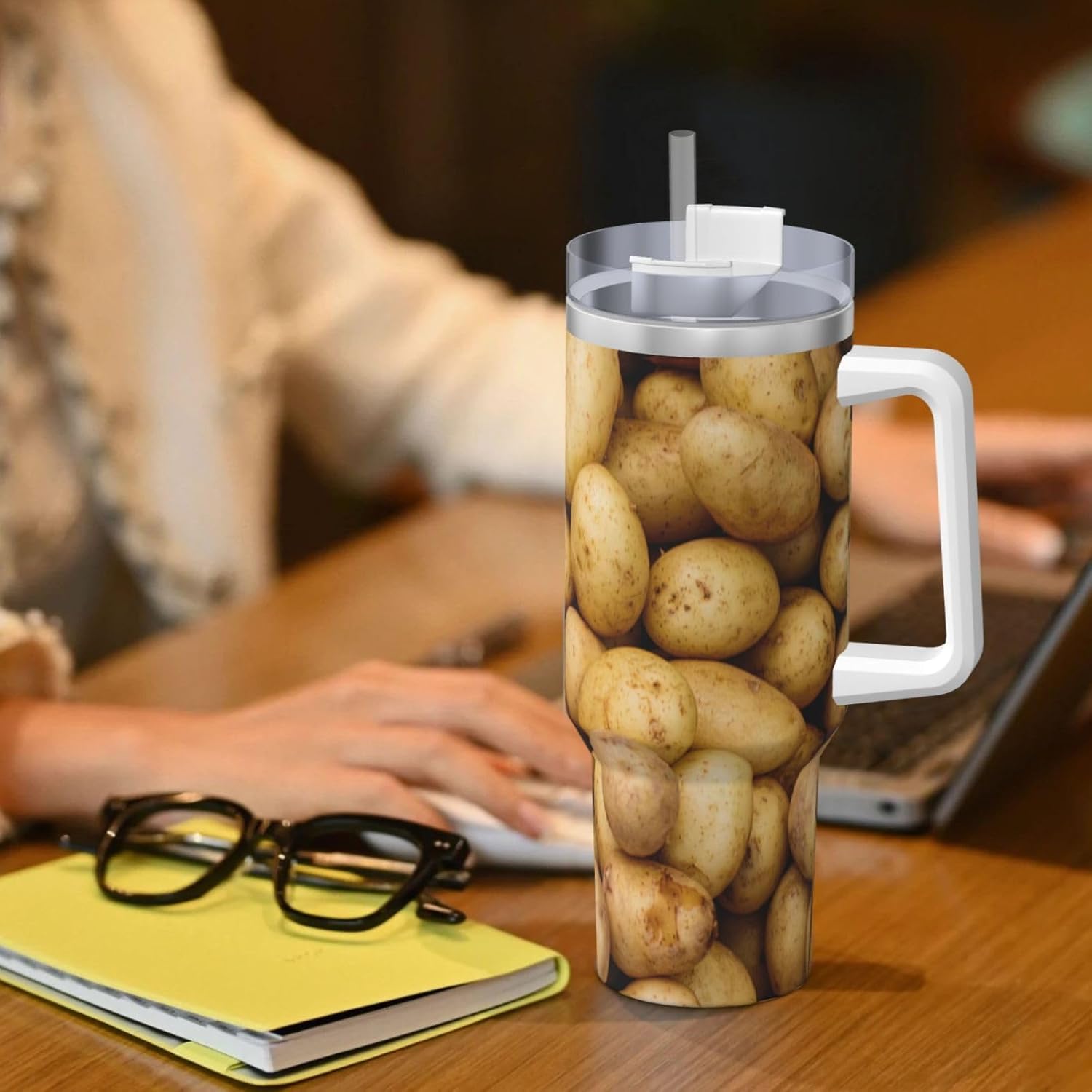 40 OZ Garden Potatoes Print Ice Bully Cup with Handle Straw Lid Straw,Stainless Steel Tumbler Coffee Cup