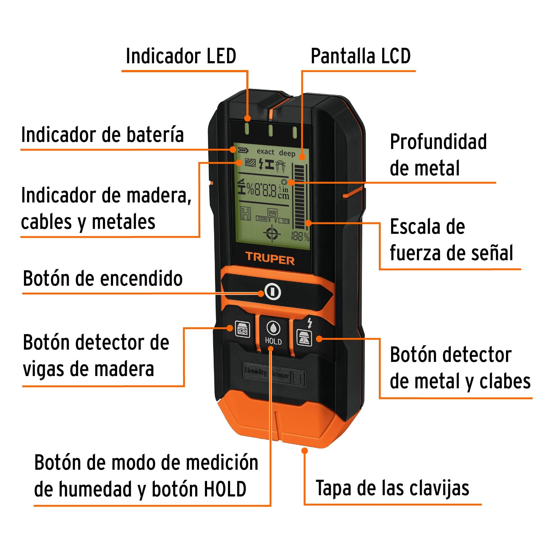 Truper DEMA-12, Detector de materiales detrás de muros profundidad máxima 12 cm