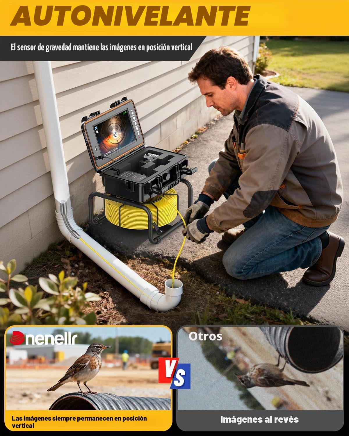 Camara Inspeccion Tuberias 30M con Sonda 512Hz | 1080P HD, Autonivelante, DVR, Cable de 7MM, Impermeable IP68, Adecuada para Alcantarillado, Tuberías, Piscinas y Desagües