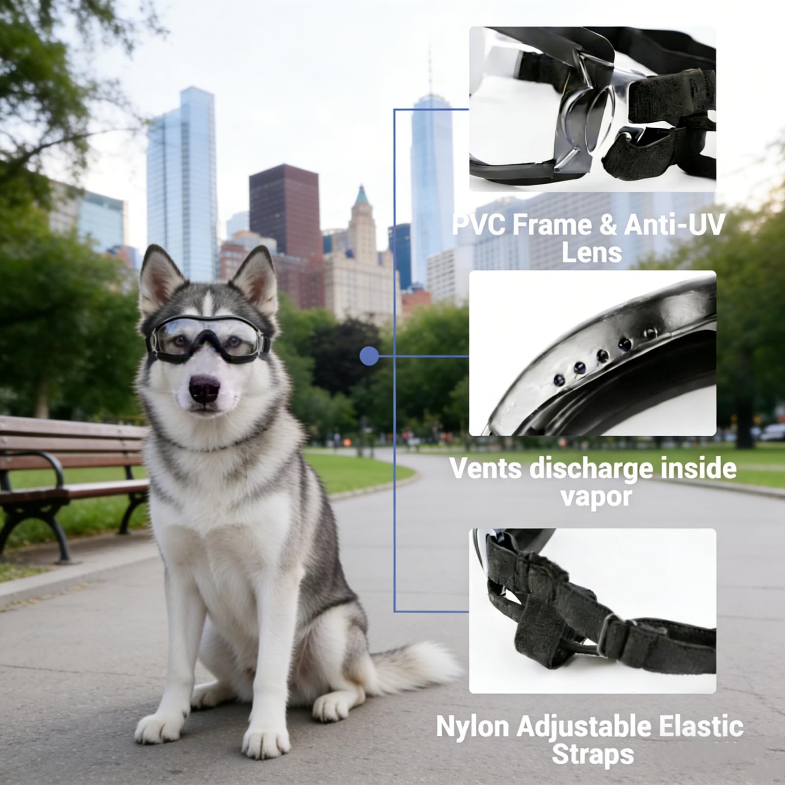Namsan Lot de 2 paires de lunettes pour chiens moyens et grands, protection UV, lunettes pour chien, protection des yeux, sangles élastiques réglables, verres transparents/argentés
