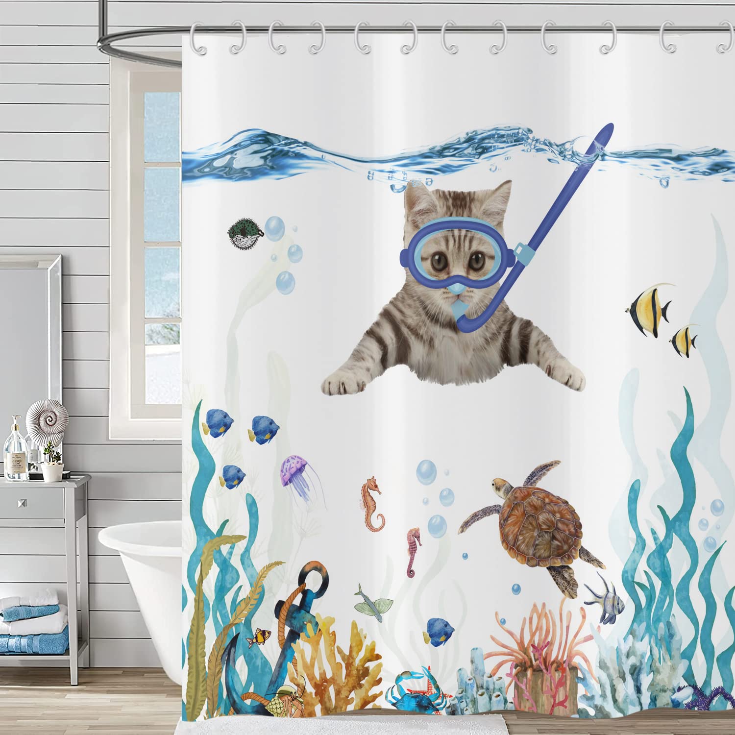 Hnmdmyi Funny Cat Shower Curtain 165x180, Cute Kitten Swimming in Teal Blue Ocean Bathroom Curtains Sea Turtle Tropical Fish Jellyfish Starfish Coral Nautical Kids Waterproof Fabric Bath Curtains — image 1