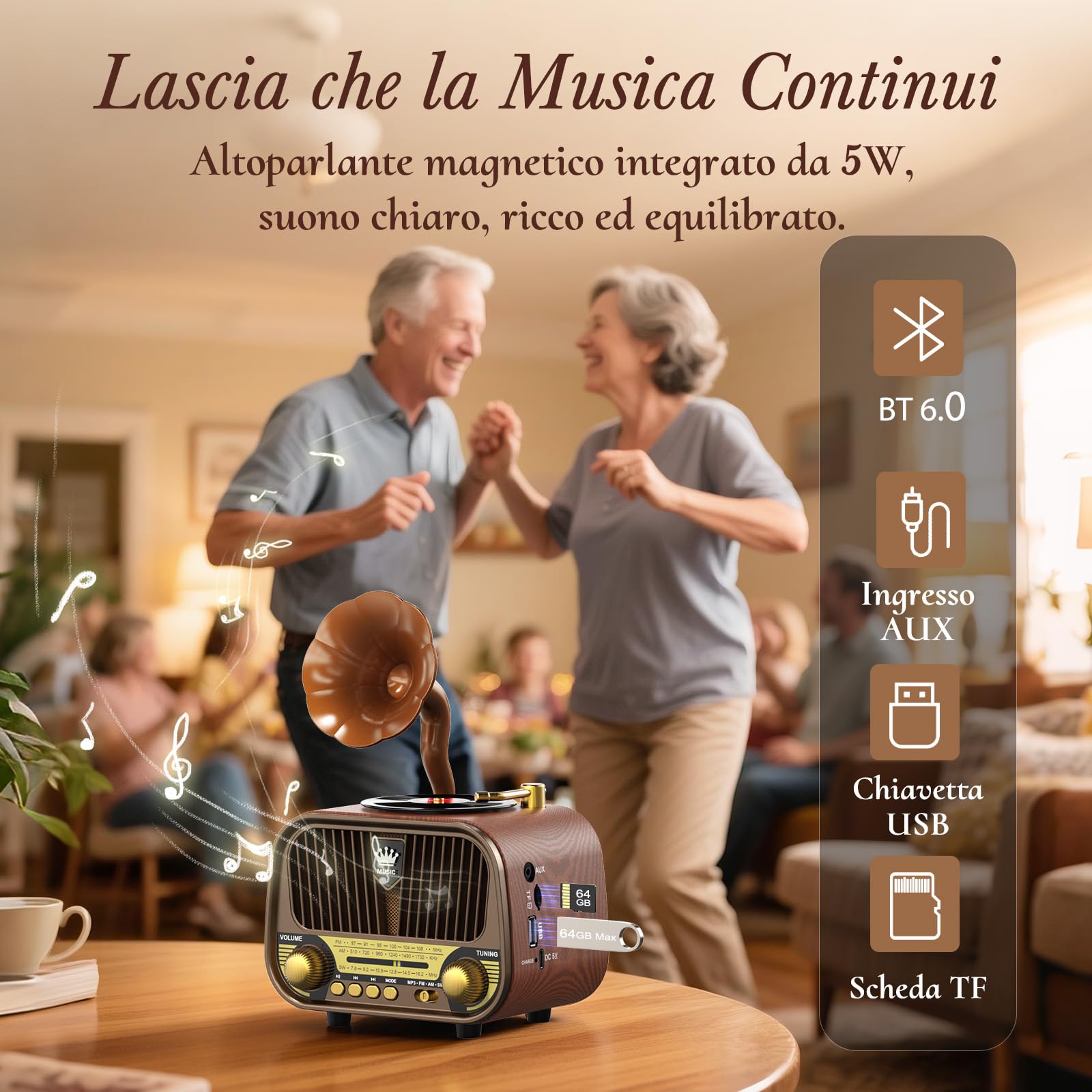 PRUNUS J-190 Radio Portatile Vintage FM/AM/SW, Bluetooth 6.0, Batteria 1800 mAh, TF/USB/AUX